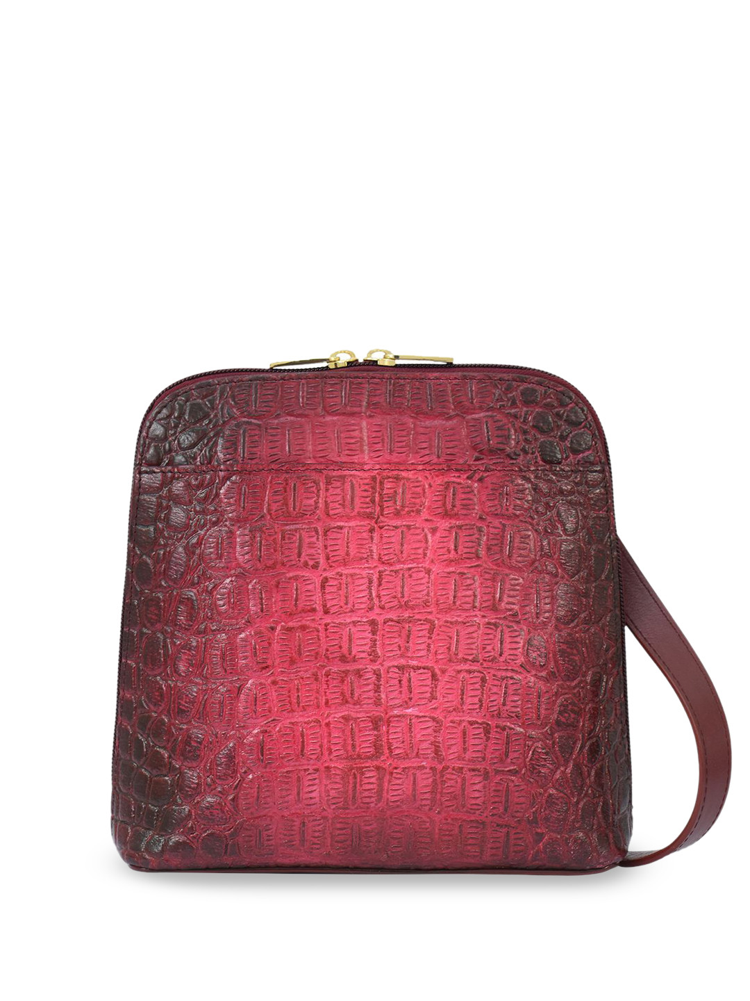 Anuschka Women Croc Embossed Wine Hand Painted Leather Small Zip Around Crossbody Handbag