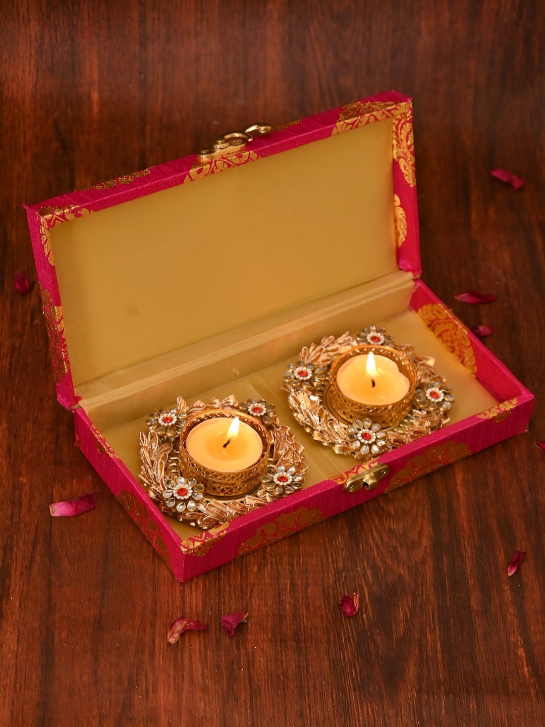Aapno Rajasthan Gold-Toned & Pink 2 Pieces Floral Tea Light Candle Holder