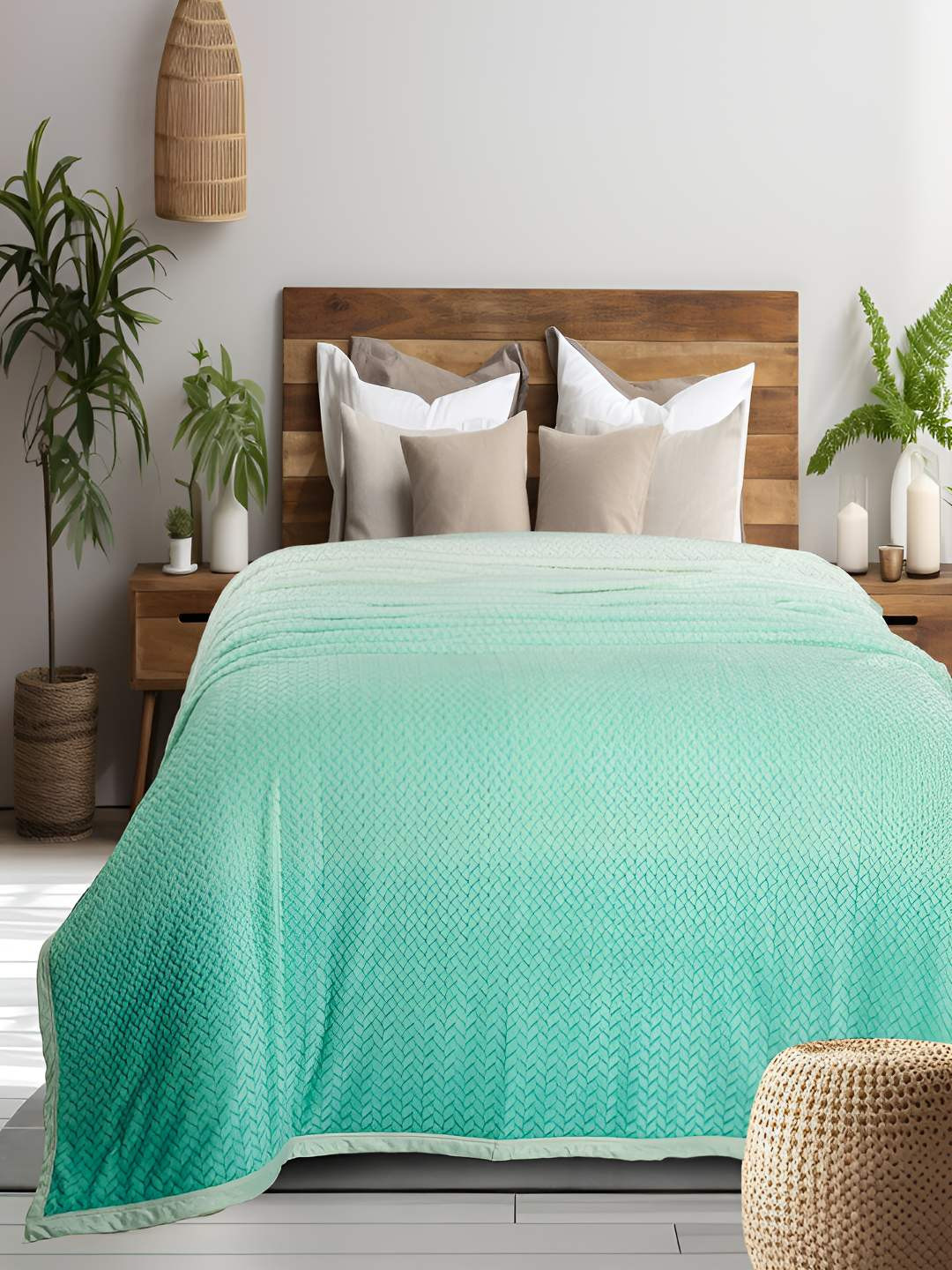 GAPU & BALY Green Striped AC Room 300 GSM Double Bed Blanket
