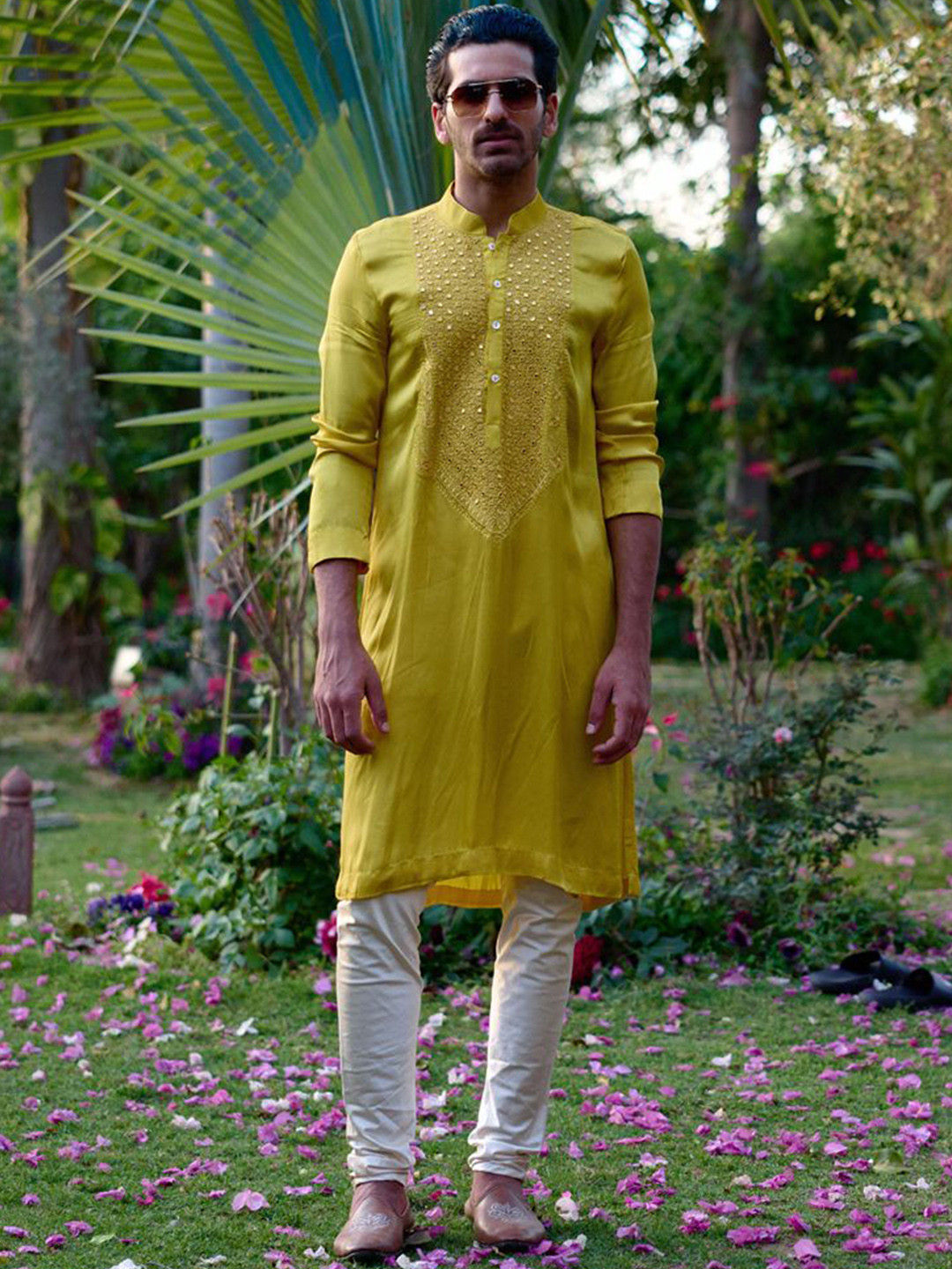 Ankit V Kapoor Geometric Yoke Design Mirror Work Cotton Silk Straight Kurta with Churidar