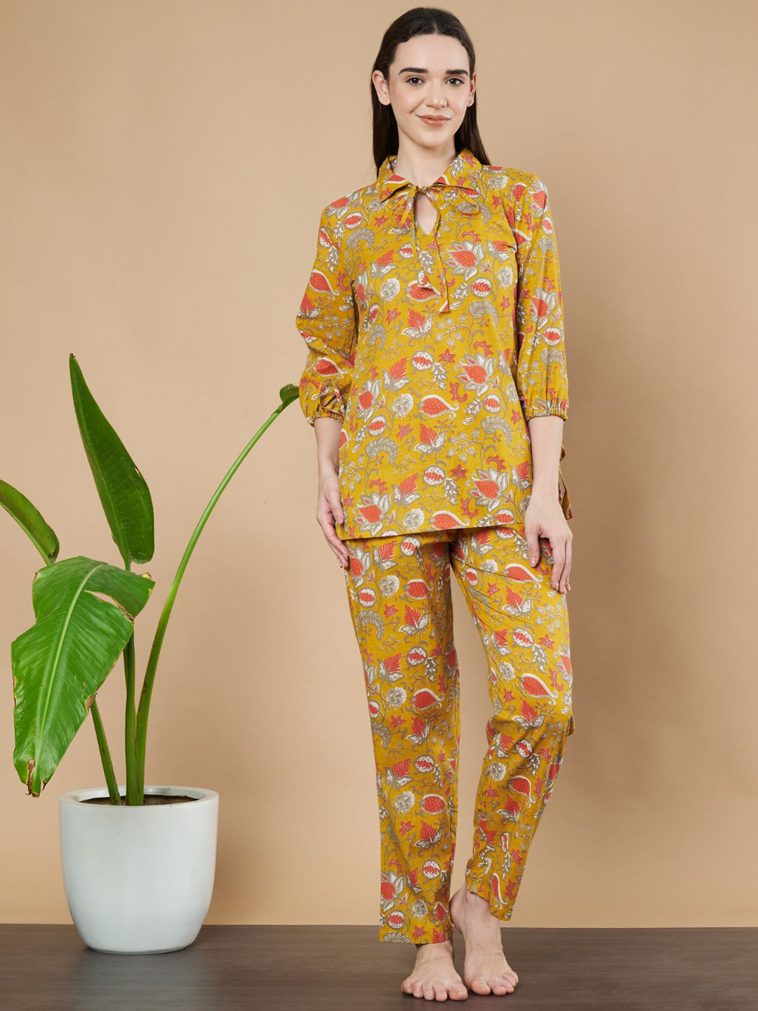 ETC Women Mustard Printed Shirt Collar Pure Cotton Night suit