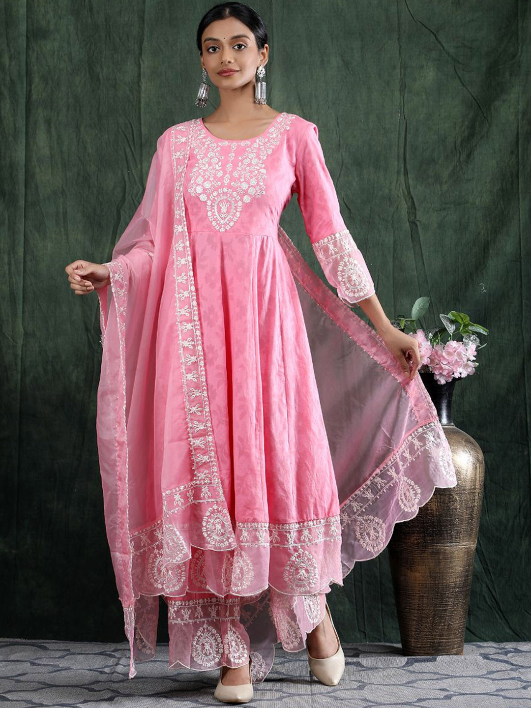 Shifory embroidered Round Neck 3/4 Sleeve Pink Anarkali kurta Pant with Dupatta