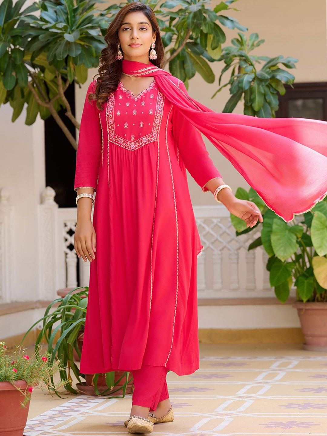KALINI Embroidered Thread Work A Line Kurta With Trouser & Dupatta - Kurta Sets for Women 31239815 | Myntra