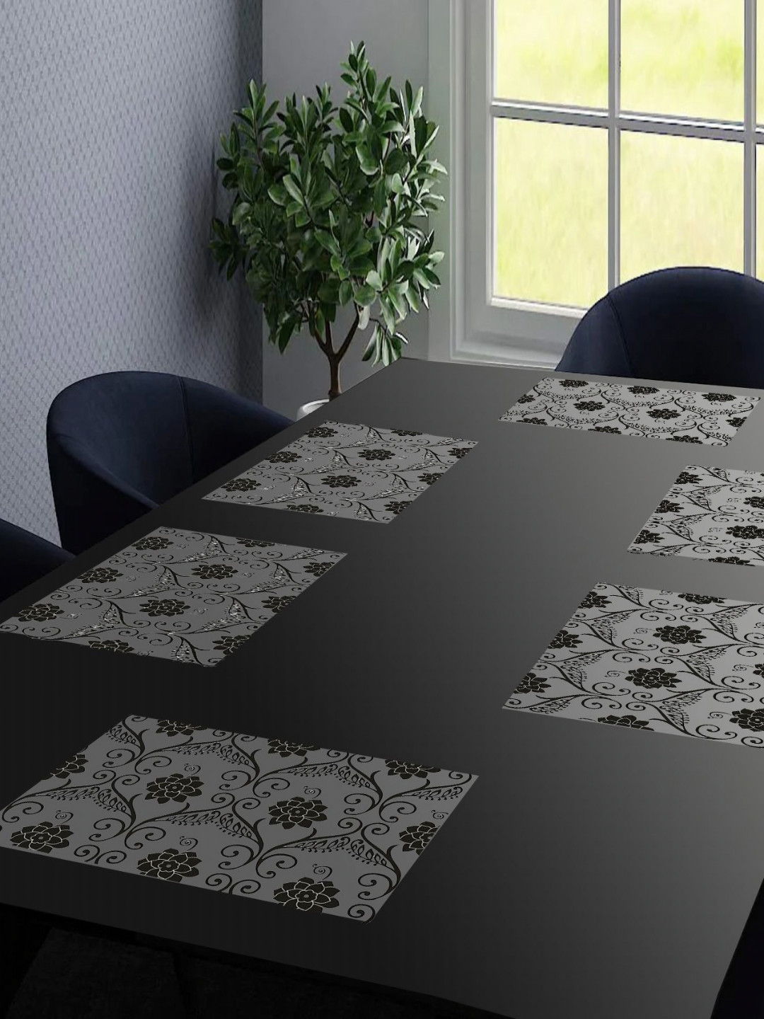 LooMantha Transaprent & Black 6 Pieces Printed Rectangular Table Placemats