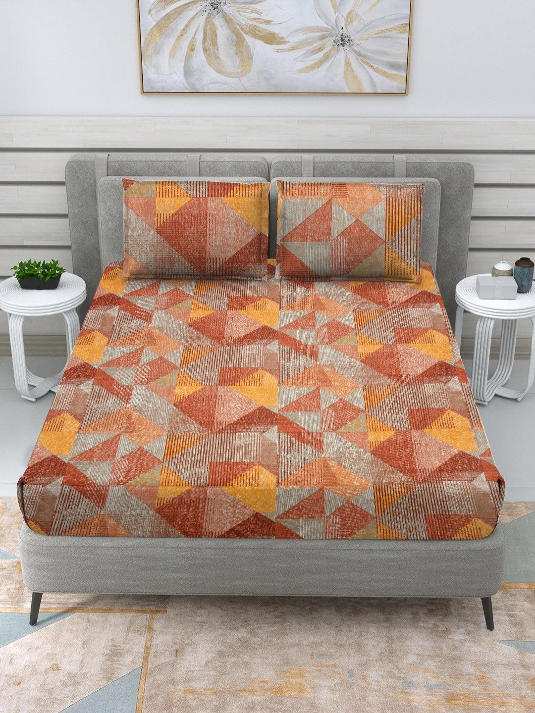 RRC Cross Line Grey Geometric Cotton 152 TC King Bedsheet with 2 Pillow Covers-108 x 108 inches