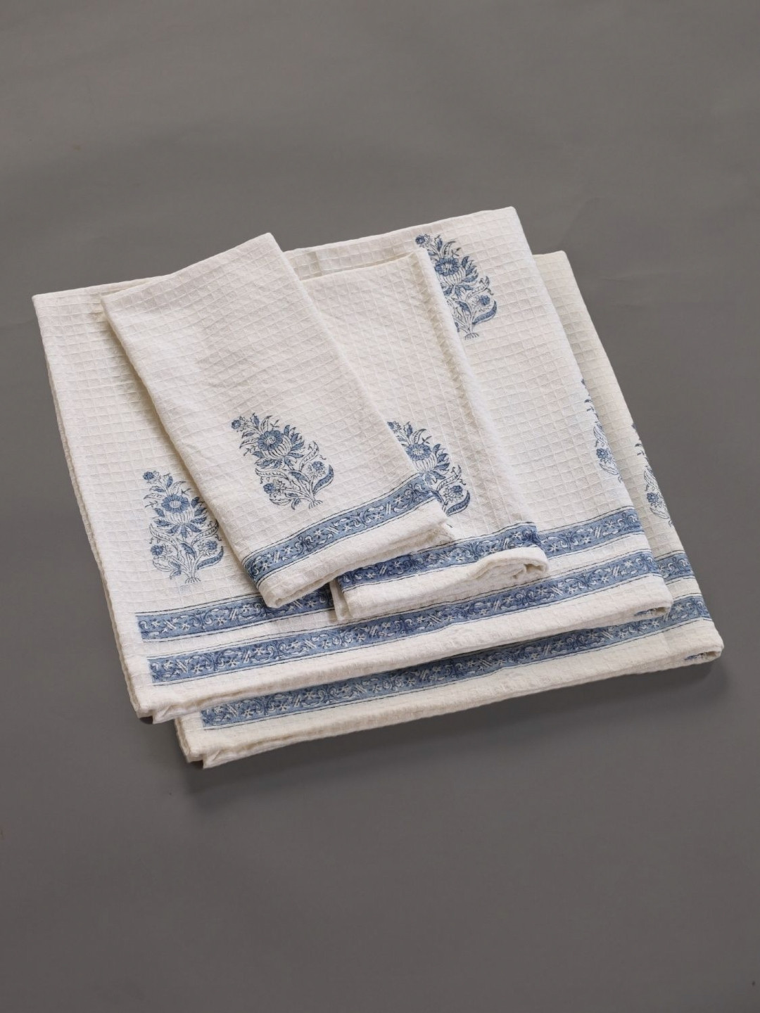 Peepul Tree  4Pc Off White & Blue Floral Block Printed Cotton Hand&Bath Waffle Towels