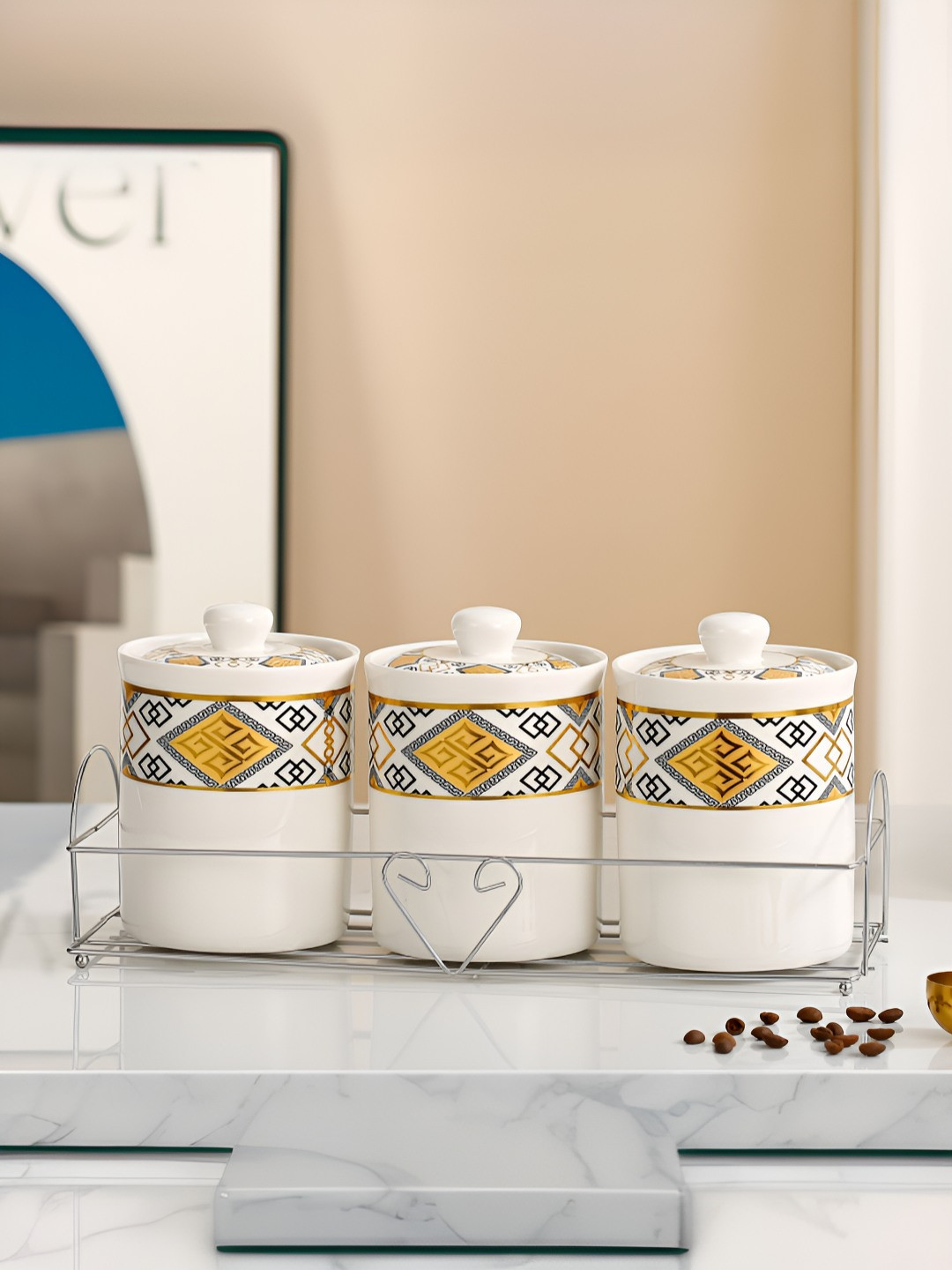 Umai Cream Geometric Ceramic Stain Resistant 3 Piece Clip-On Jar-700ml