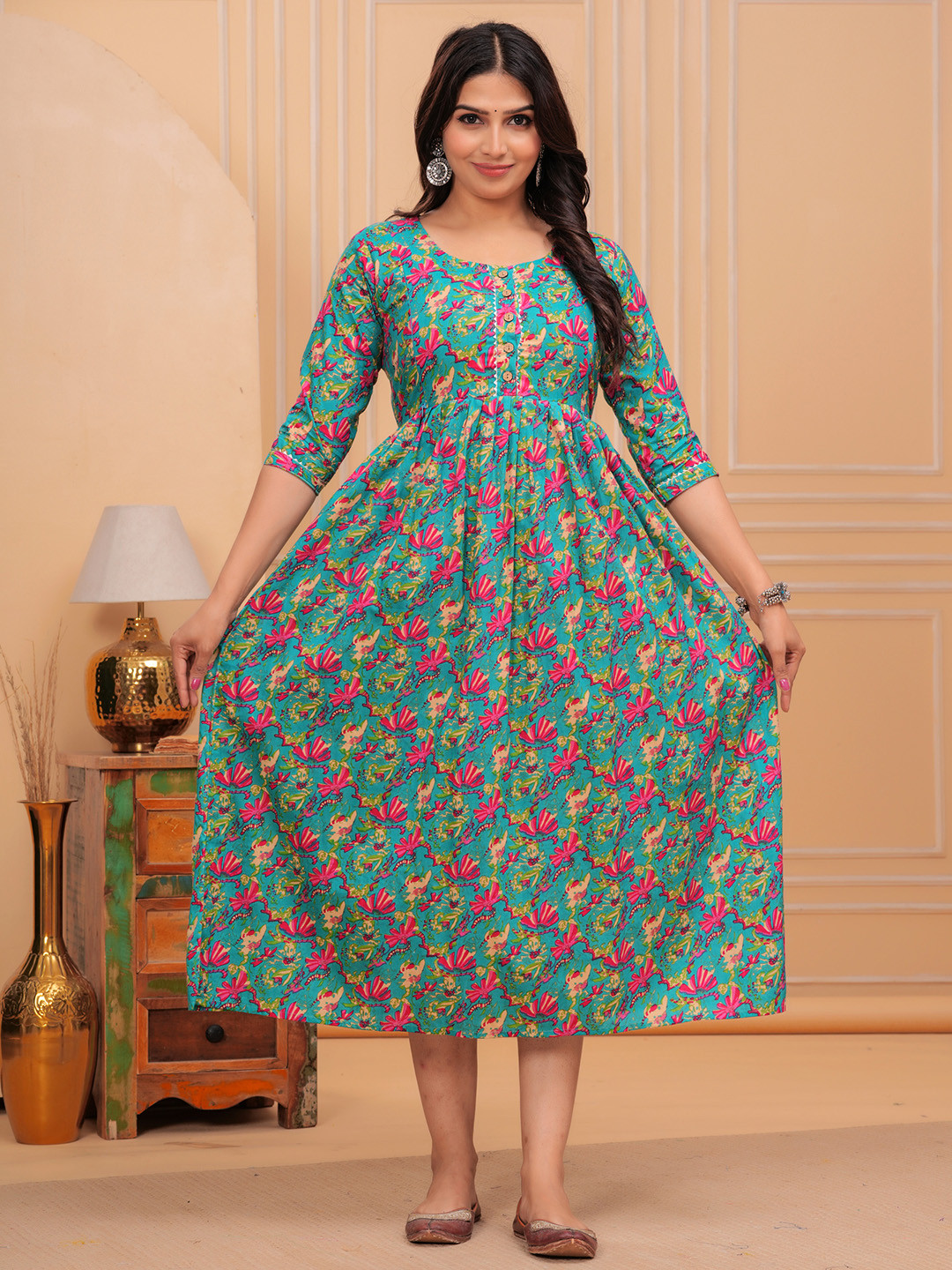 NITVAN Floral Printed Gotta Patti Fit Ad Flare Cotton Maternity Midi Dress