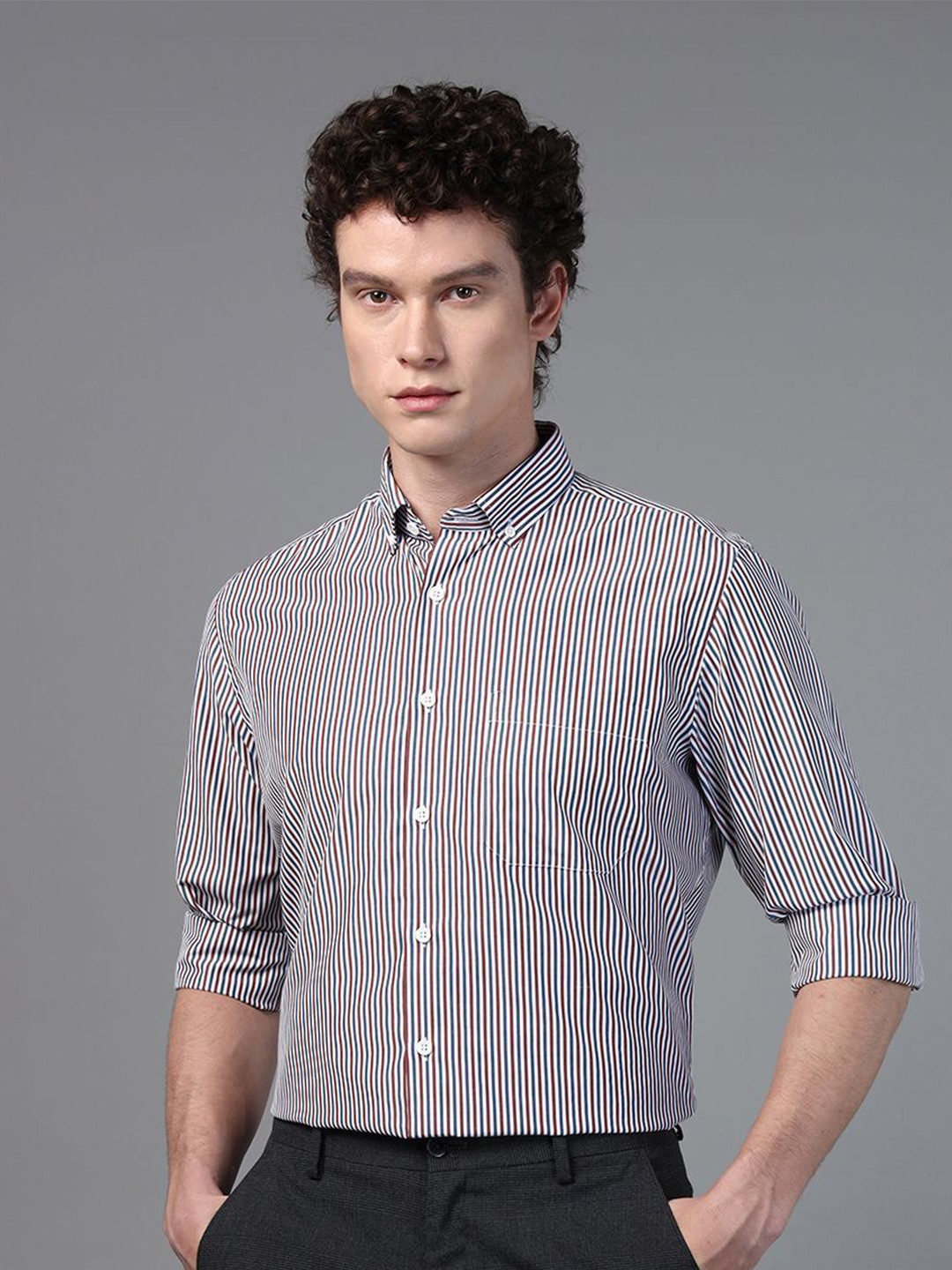 DON VINO Men Comfort Button-Down Collar Candy Striped Cotton Slim Fit Formal Shirt