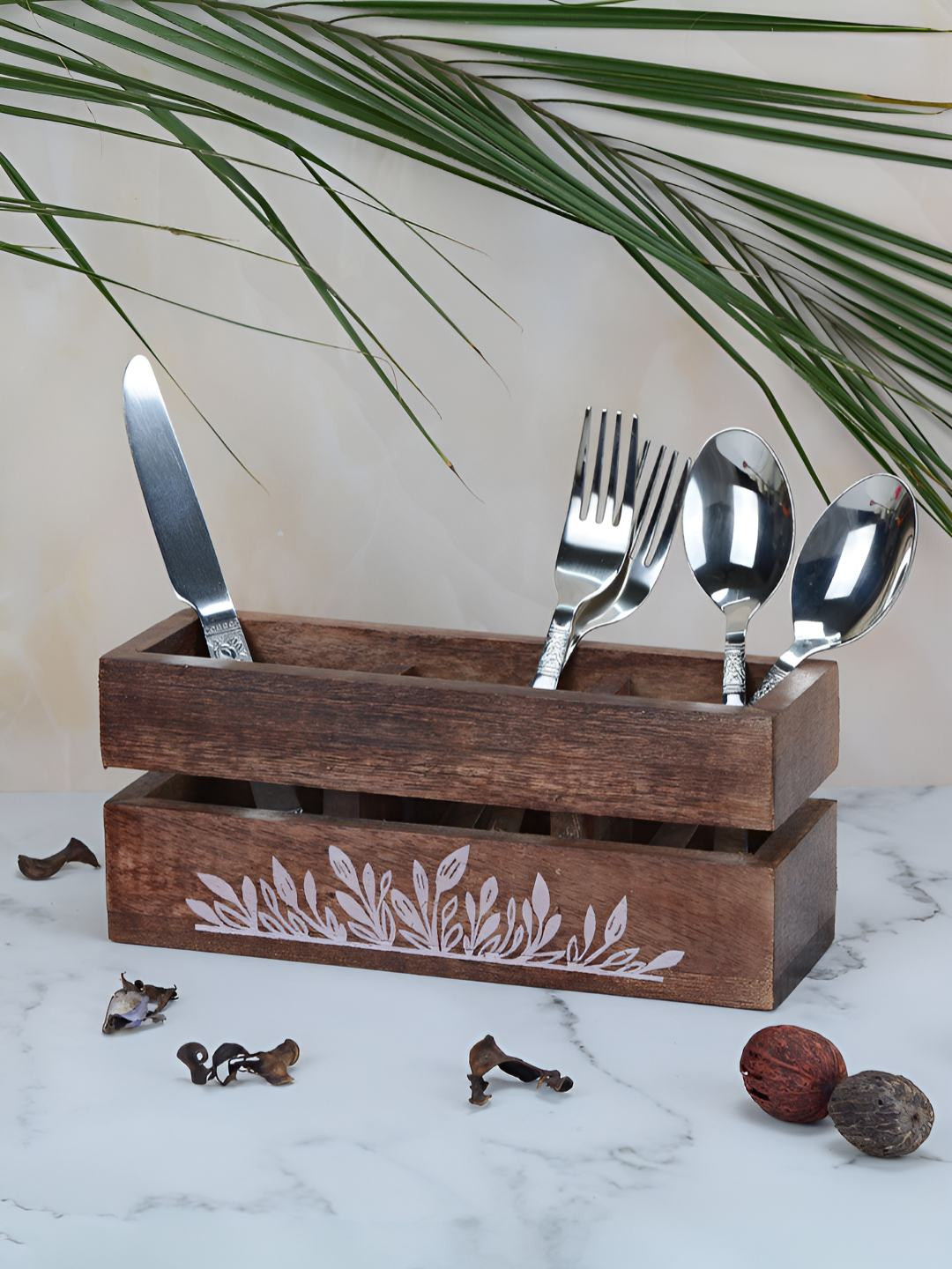 Maison Modern Brown & White Floral Printed Wood Cutlery Holder