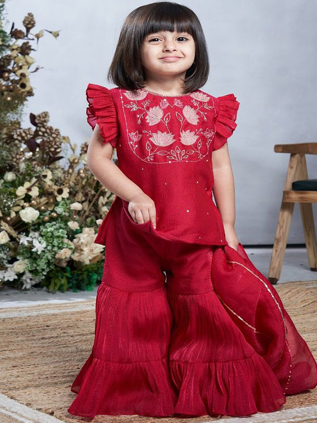 Vivedkids Girls Floral Embroidered Tissue Kurta with Trousers