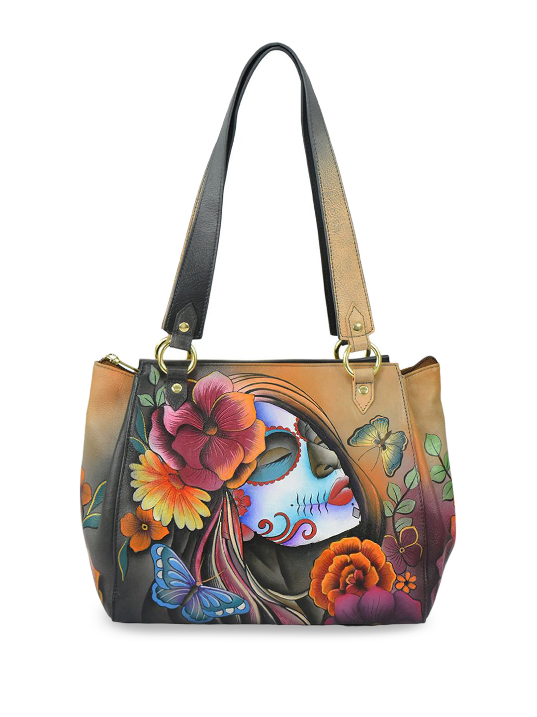 Anuschka Women La Catrina Hand Painted Leather Medium Tote Handbag