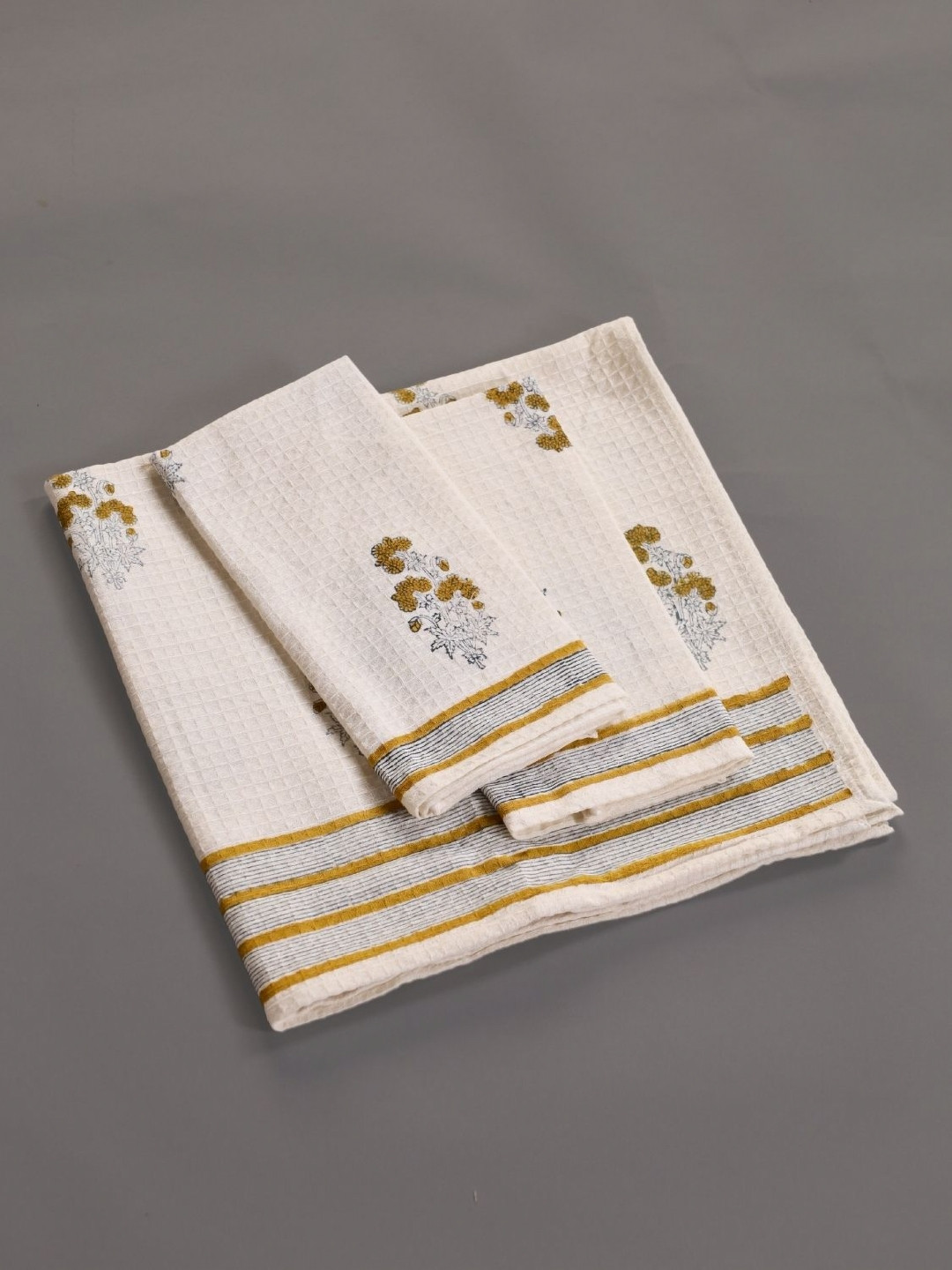 Peepul Tree  Piece of 2 Off White & Mustard Block Printed Cotton Waffle Towel Set