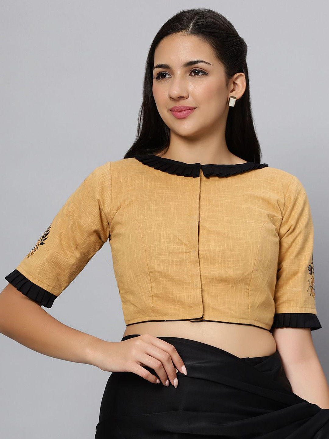 THE SAFFRON SAGA Embroidered Pure Cotton Women Beige Saree Blouse