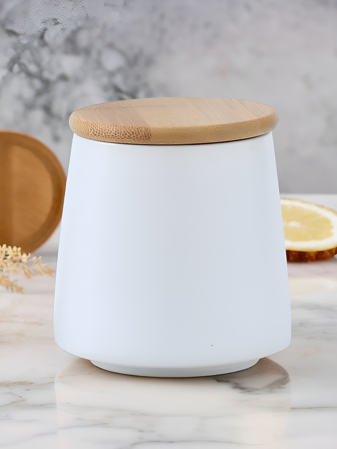 UMAI White Ceramic Canister Container With Bamboo Lid-500 ML