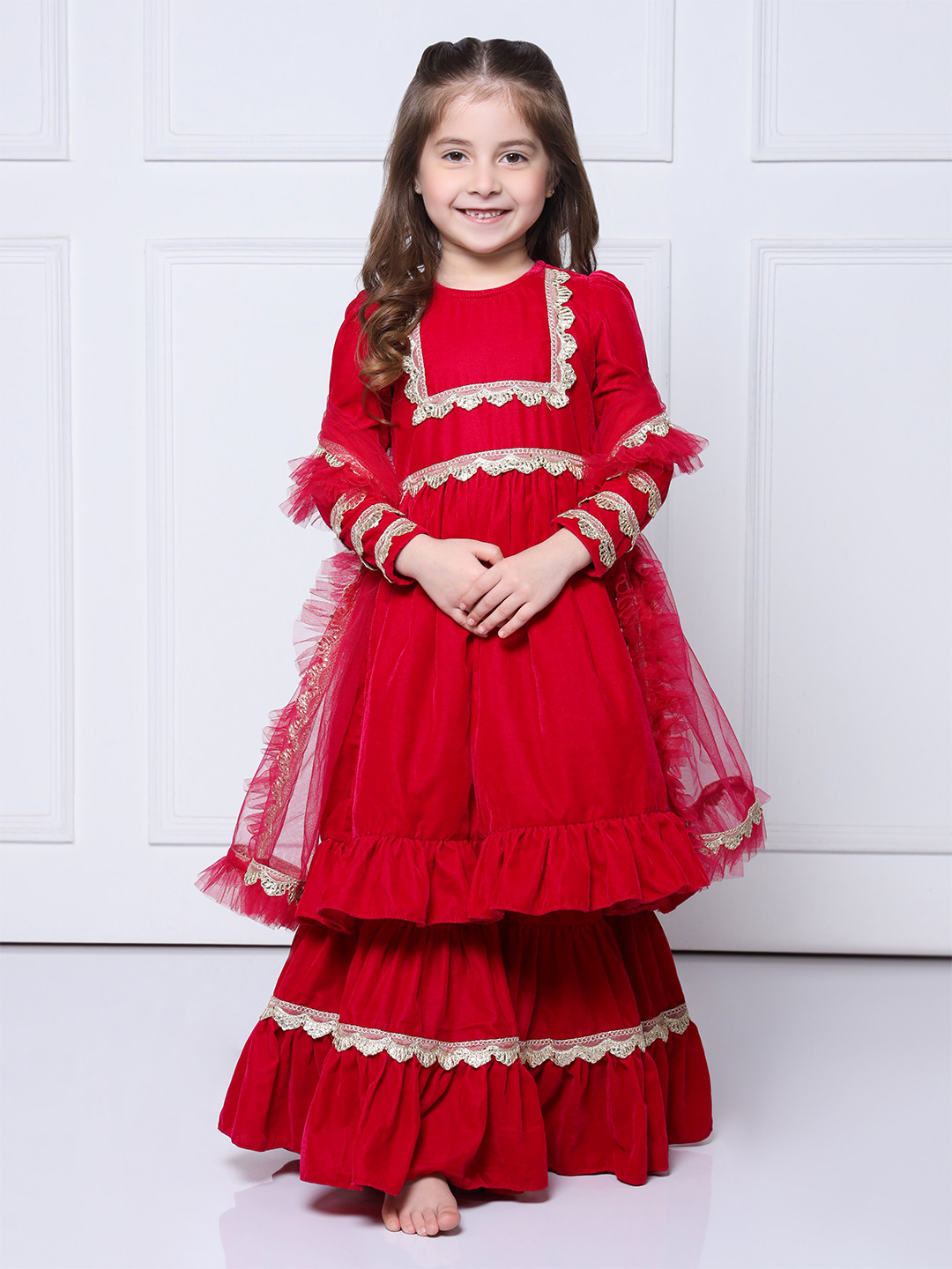 THE PONY & PEONY CO. Girls Self Design Thread Work Velvet Kurta with Sharara & Dupatta