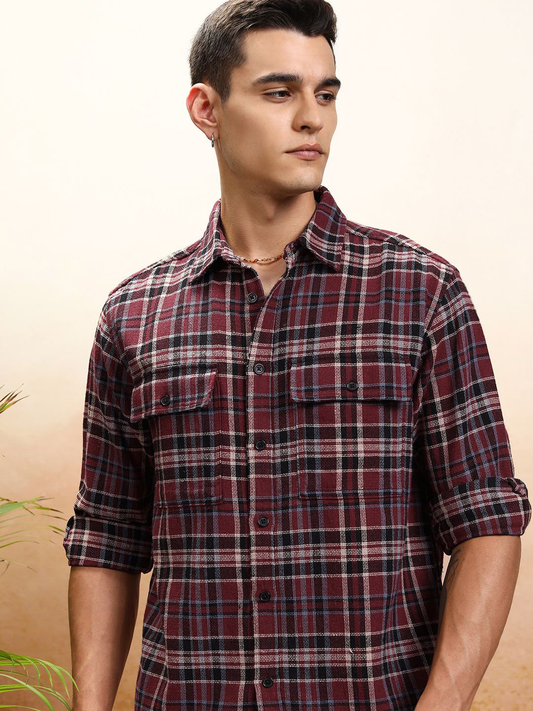 Highlander Men Wine Textured Dobby Checked Oversized Shirt
