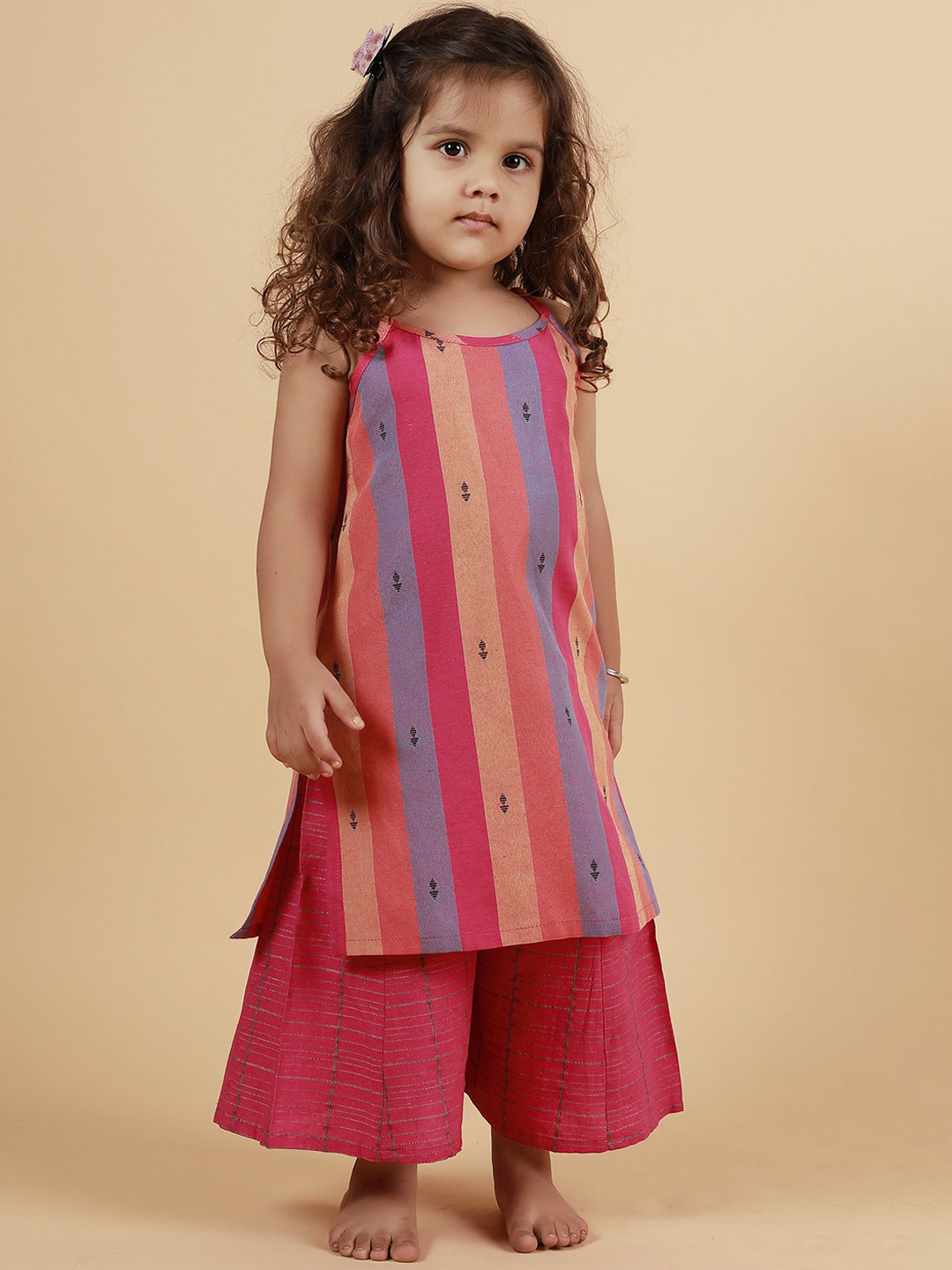 TJORI Girls Striped Straigt Pure Cotton Kurta with Palazzos