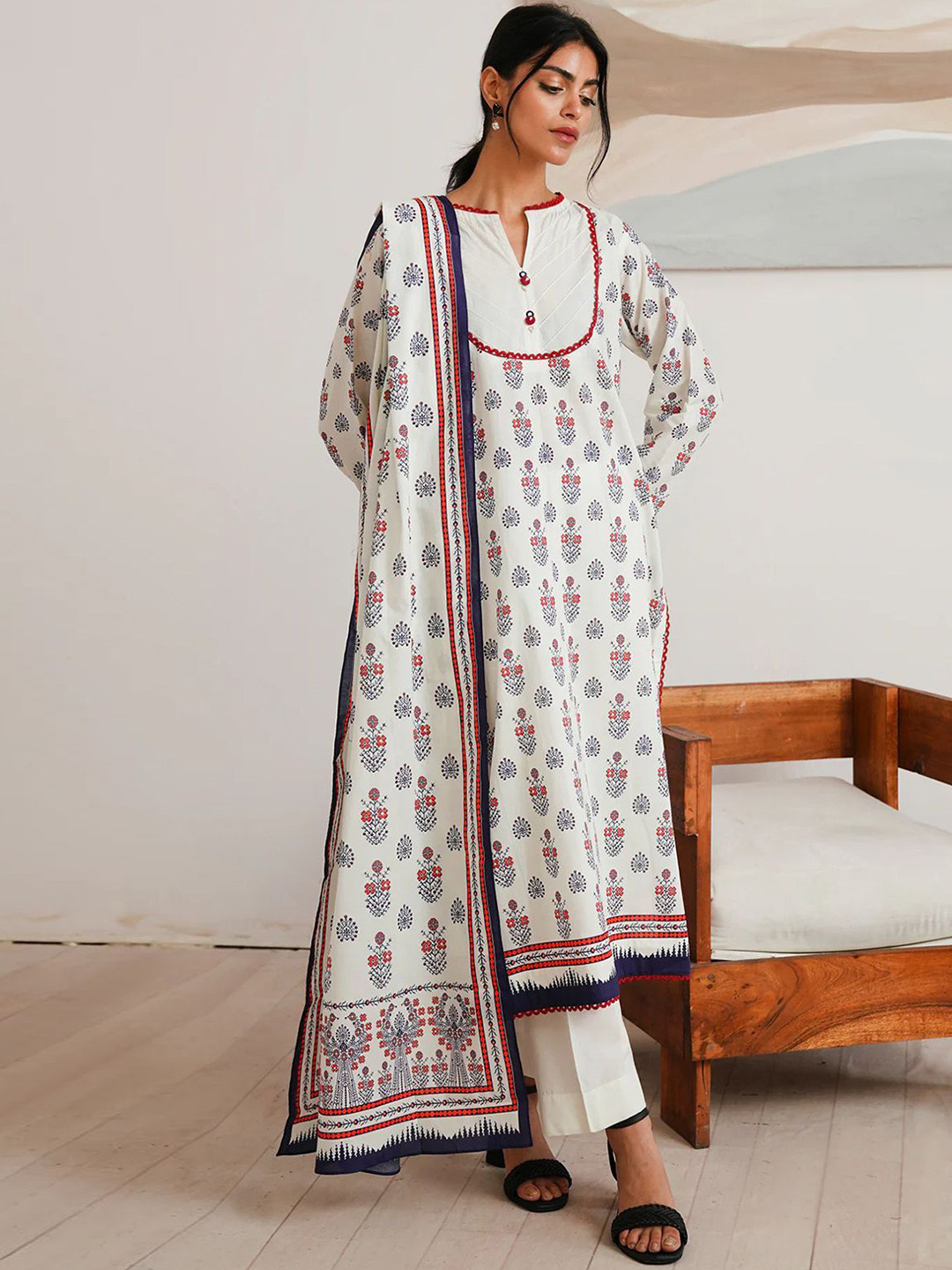 Anouk White and Red Ethnic Motifs Printed Pure Cotton Kurta with Trouser & Dupatta