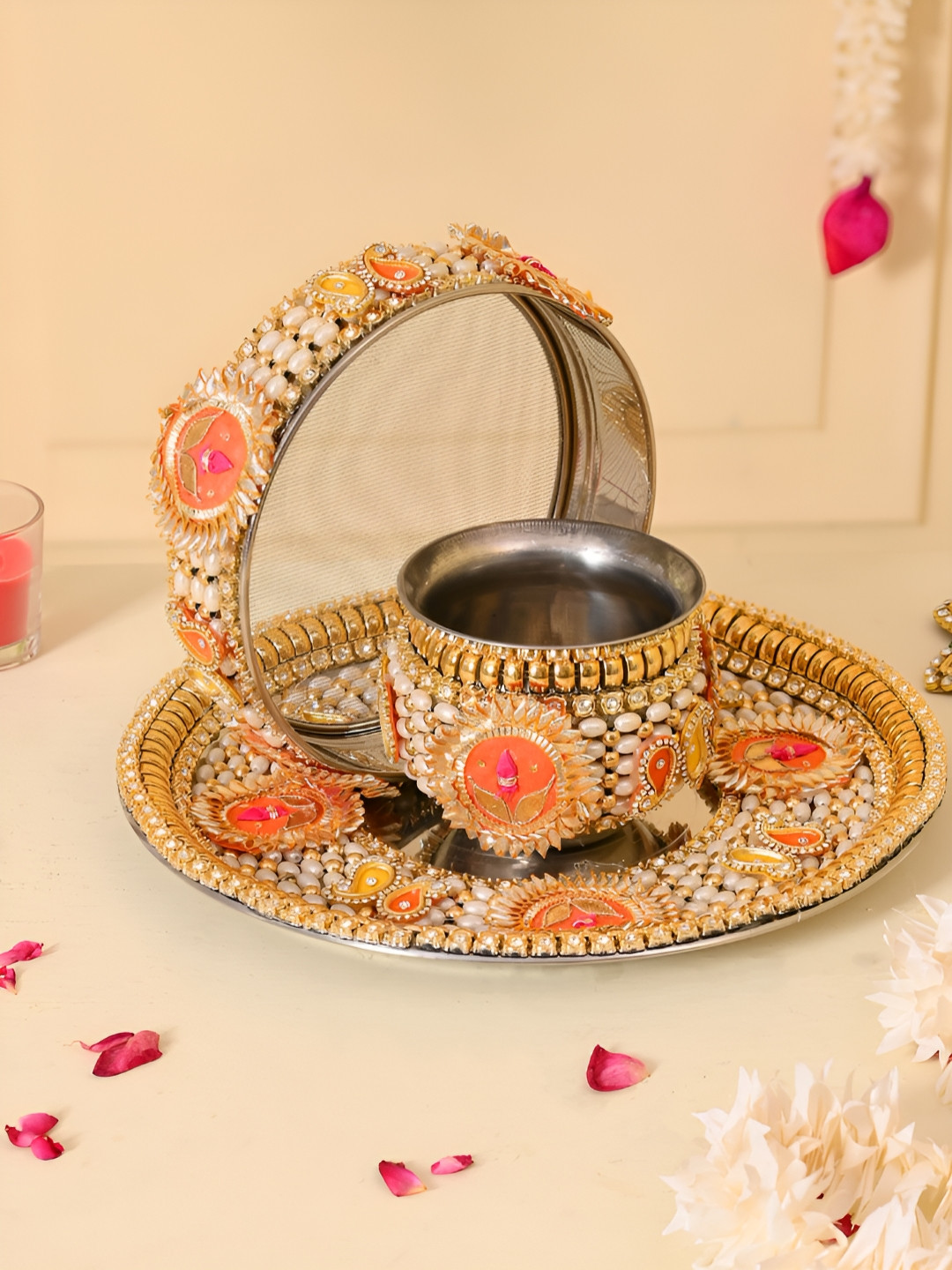 Aapno Rajasthan GoldToned & Orange-Colored Embellished Pooja Thali With Lota & Challni