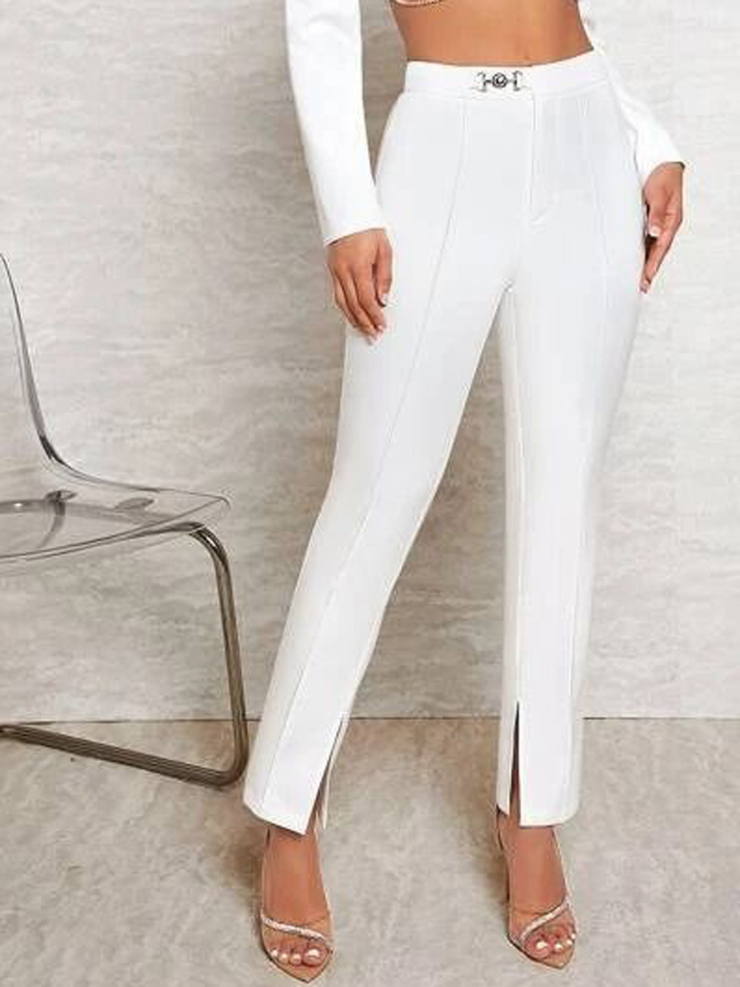 Stylecast X Slyck Women Solid Pattern Chain Detailing Split Hem Trouser