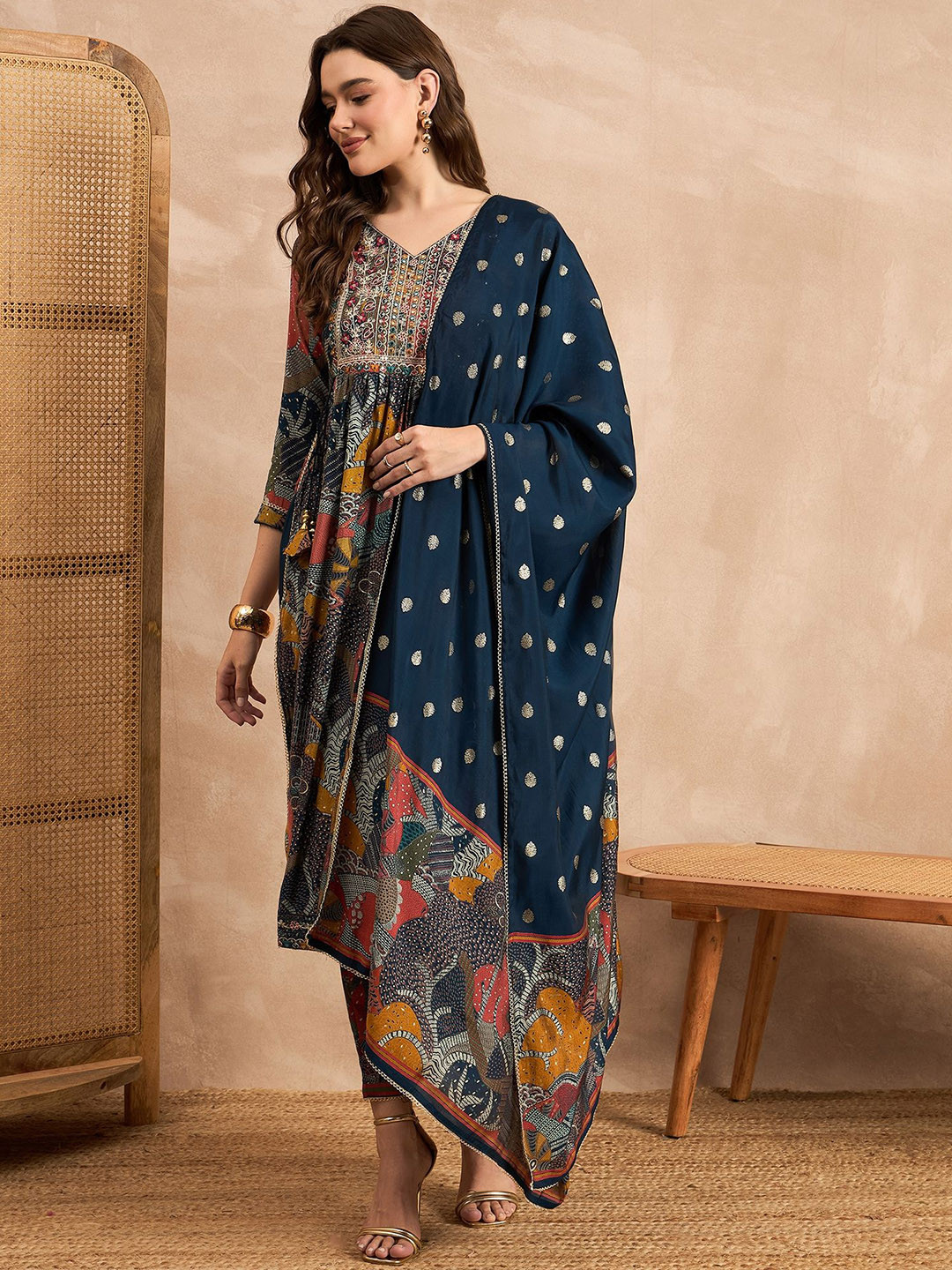 all about you Teal Blue Ethnic Motifs Printed Mirror Work Chanderi Silk Kurta Set