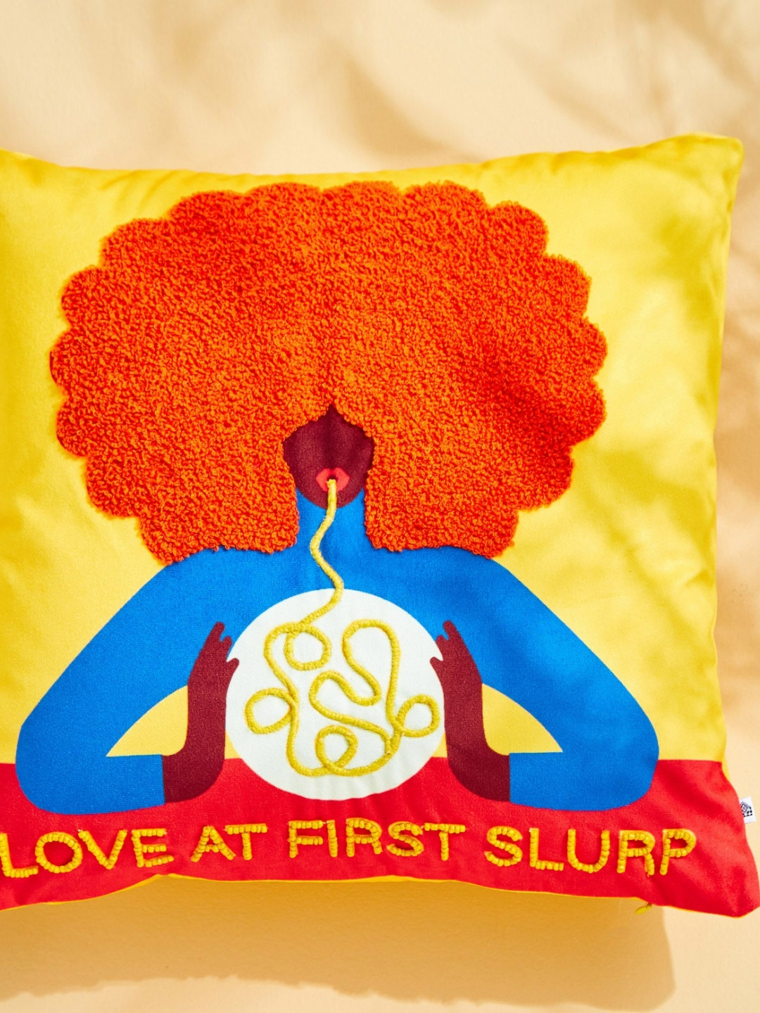 Home Centre Red & Yellow Little Things Slurp Printed Filled Velvet Cushion