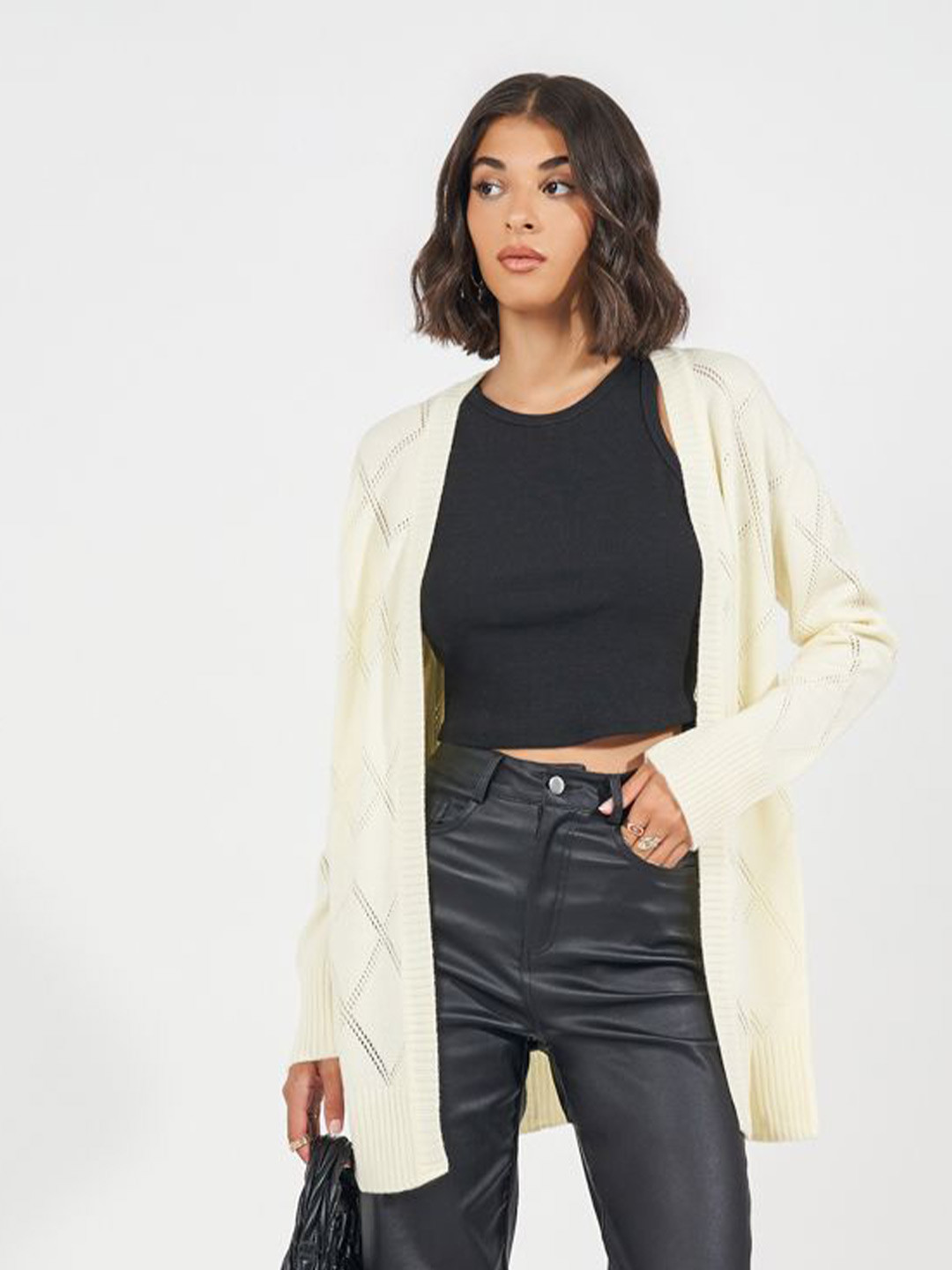 Styli Women Oversized Fit Diamond knit Longline Open Cardigan