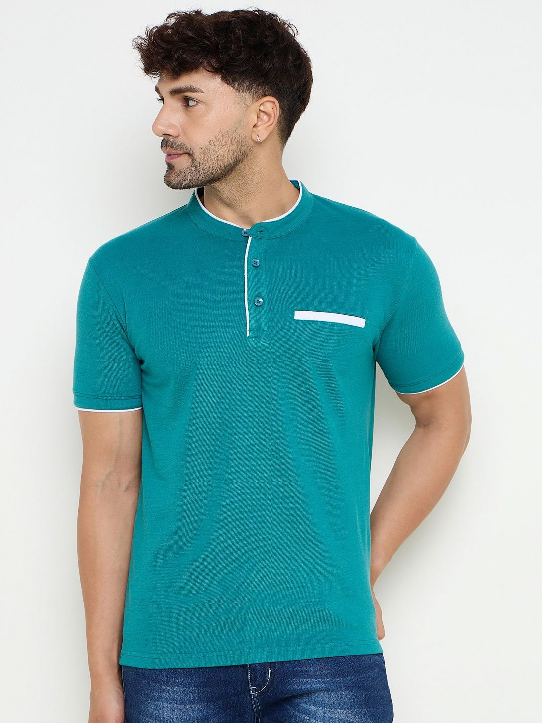Zigo Men Solid Mandarin Collar Cotton T-shirt