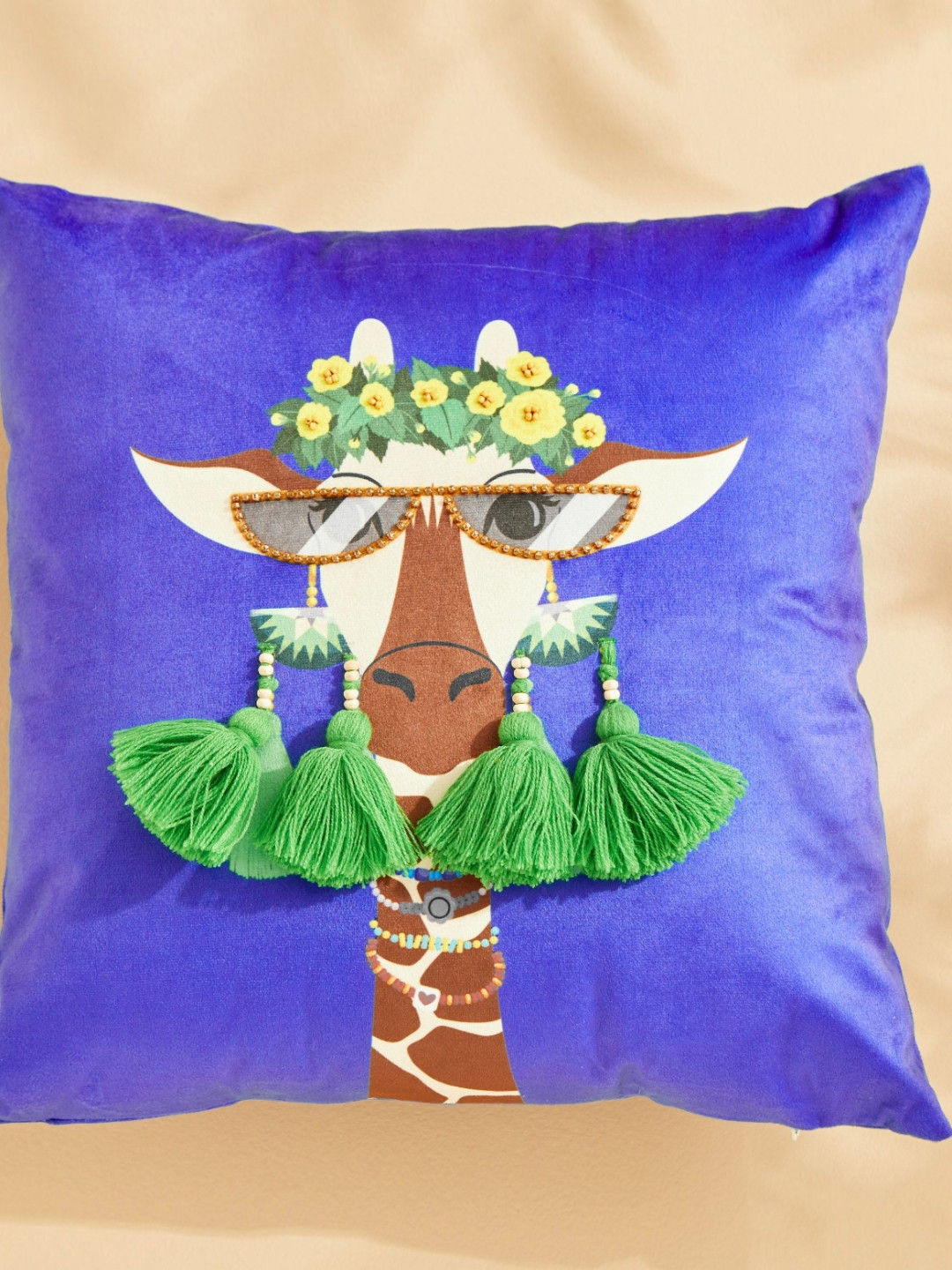 Home Centre Blue & White Giraffe Printed Velvet Filled Cushion