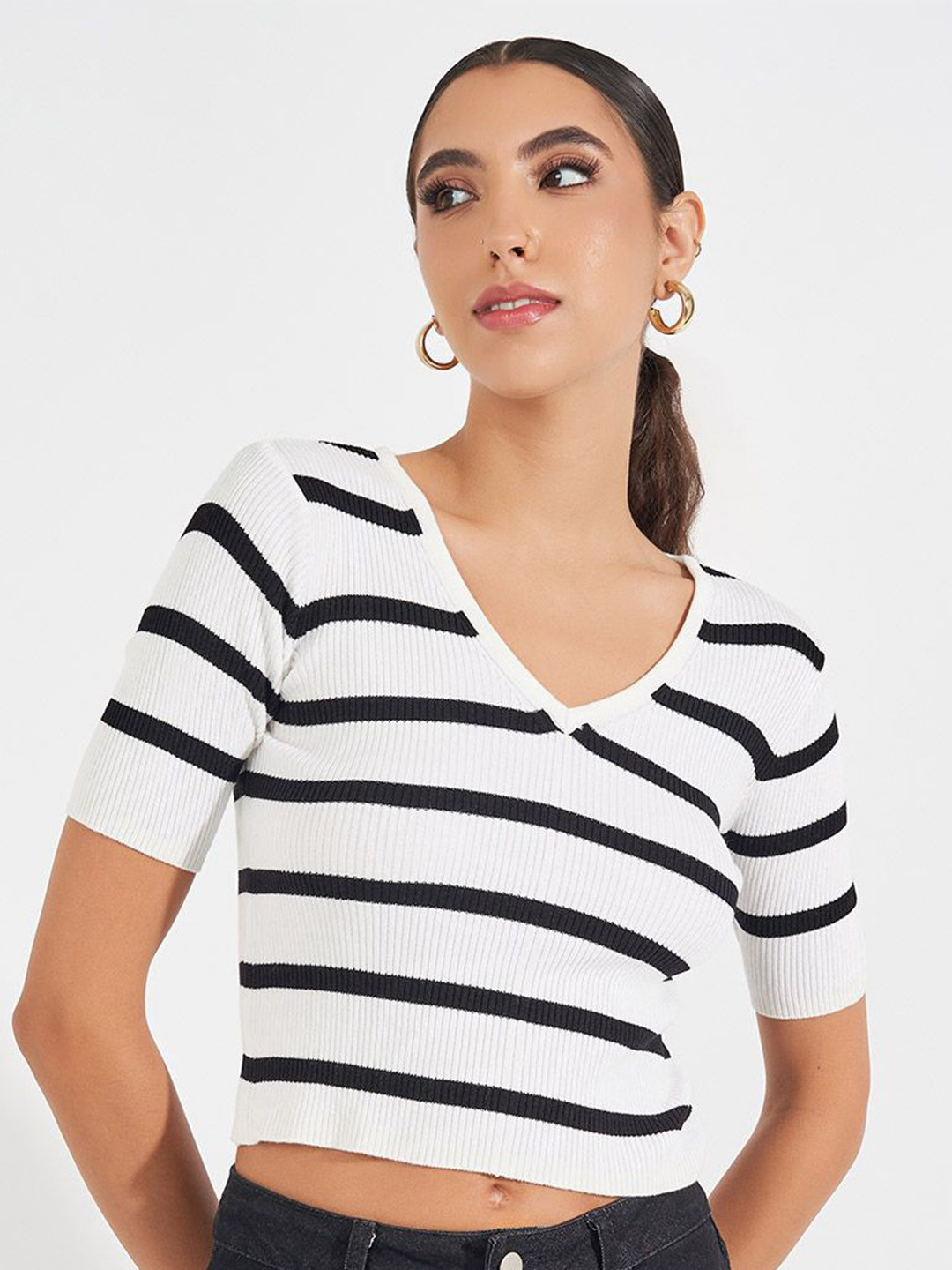 Styli Women Striped  V Neck Cropped Length Fitted Sweater Top