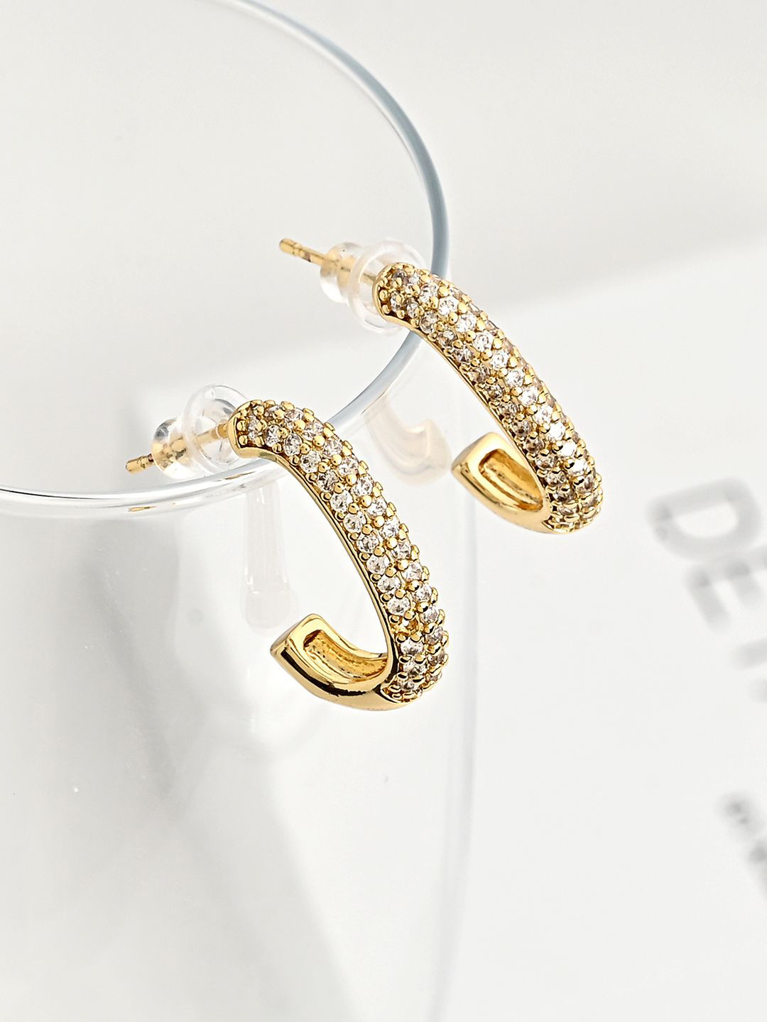 Kazo Gold-Plated American Diamond Contemporary Half Hoop Earrings