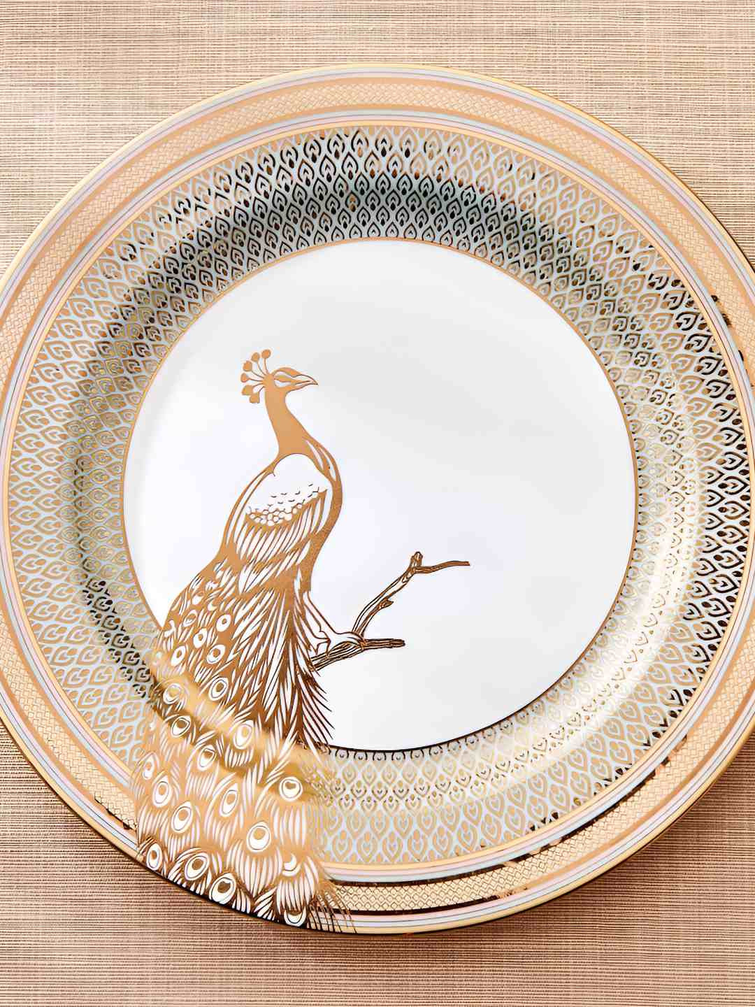 Home Centre Midas Gold-Toned Peacock Bone China Dinner Plates
