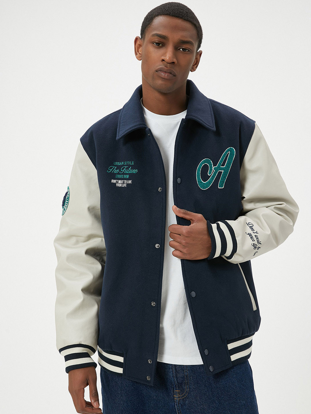Koton Men Spread Collar Solid Casual Varsity Jacket
