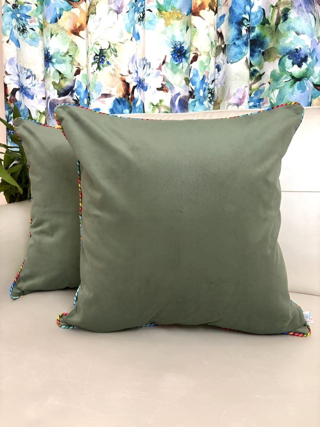TARA- Sparkling Homes Olive Velvet Washable 2 Piece Square Cushion Covers - 15.7x15.7In