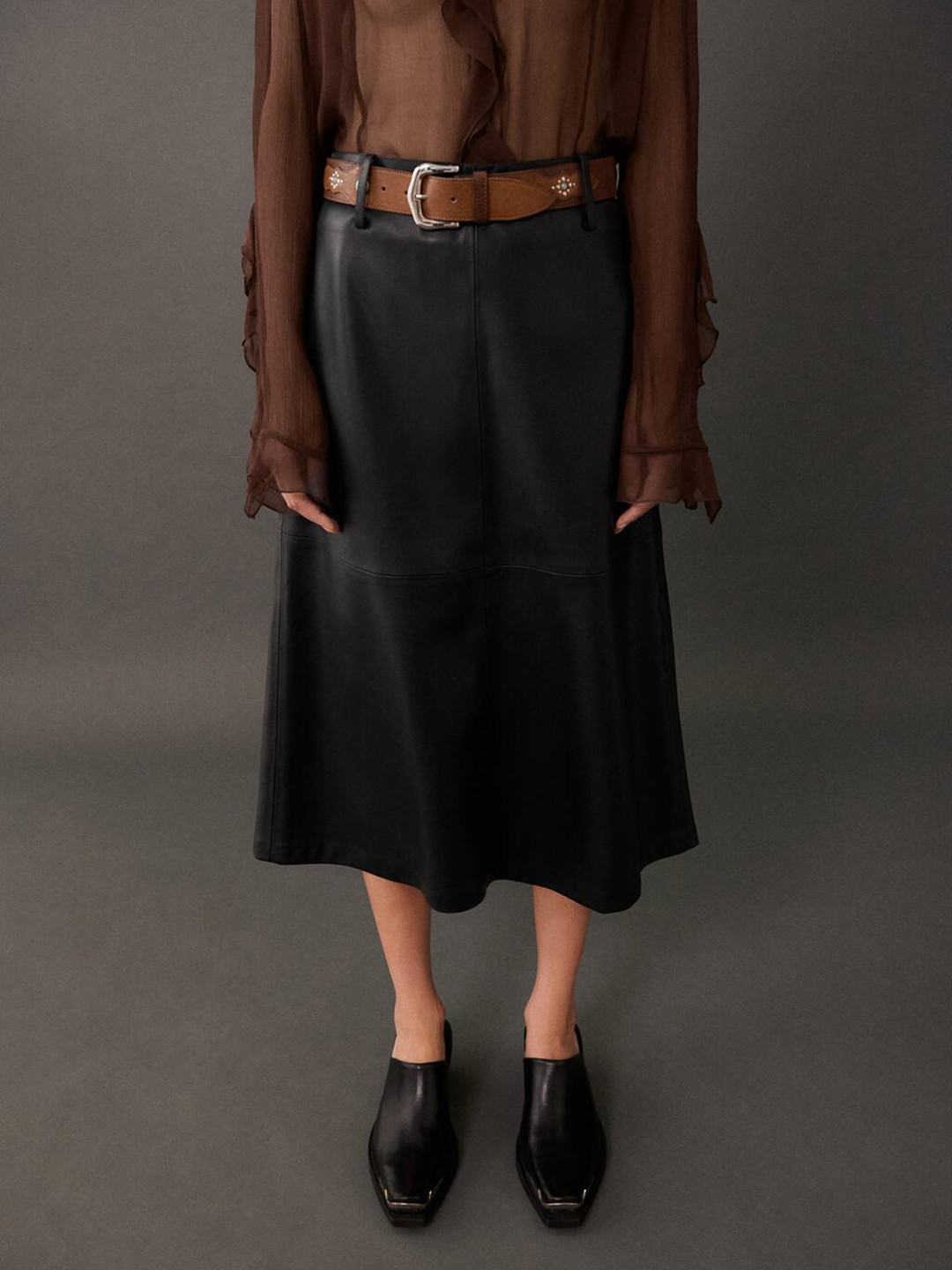MANGO Faux Leather Belted A-Line Midi Skirt
