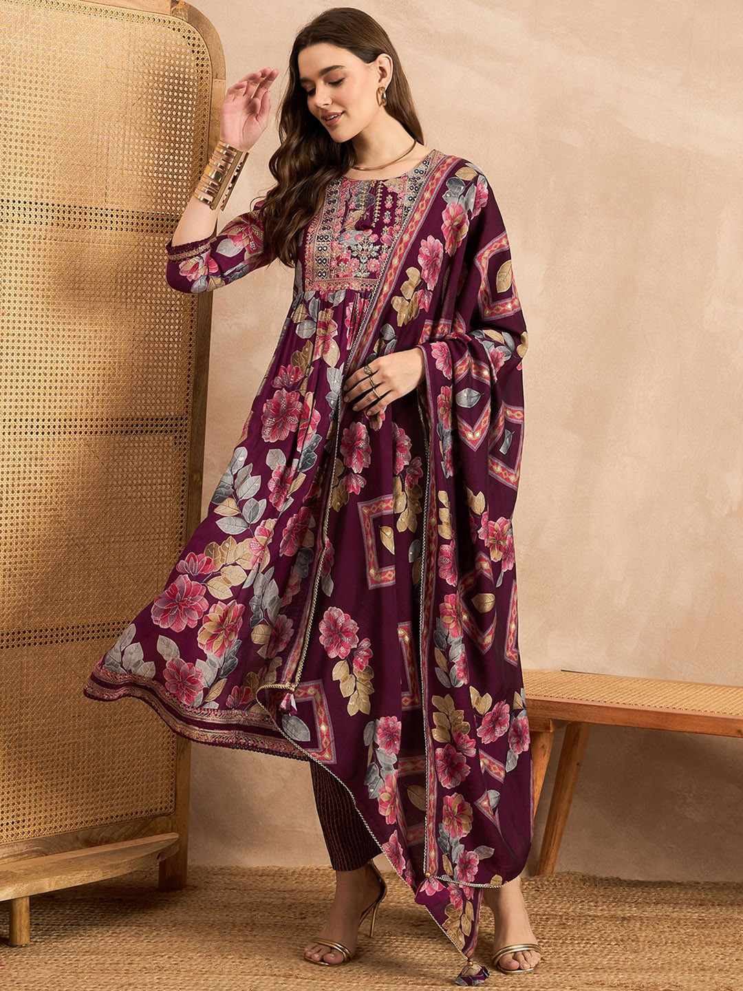 all about you Megenta Floral Printed Pleated Sequinned Chanderi Silk Kurta Set
