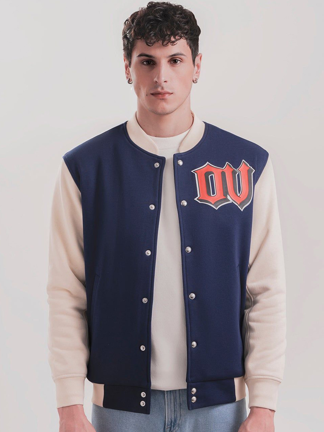 Overlays Men Stand Collar Typography Printed Cotton Casual Bomber Jacket