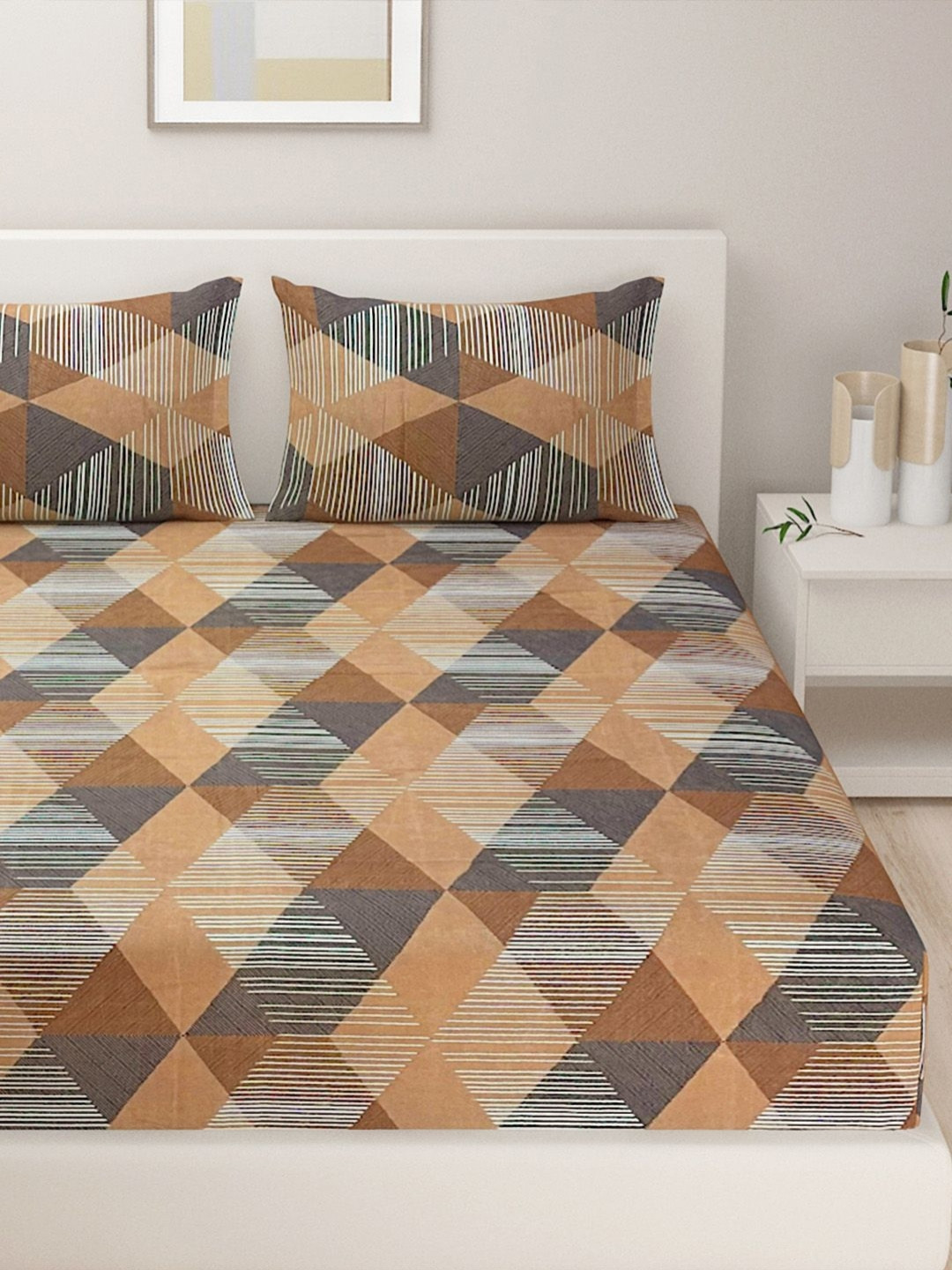 SWAYAM Prakirti Brown Geometric Microfiber 160 TC King Bedsheet with 2 Pillow Covers-89 x 100 inches