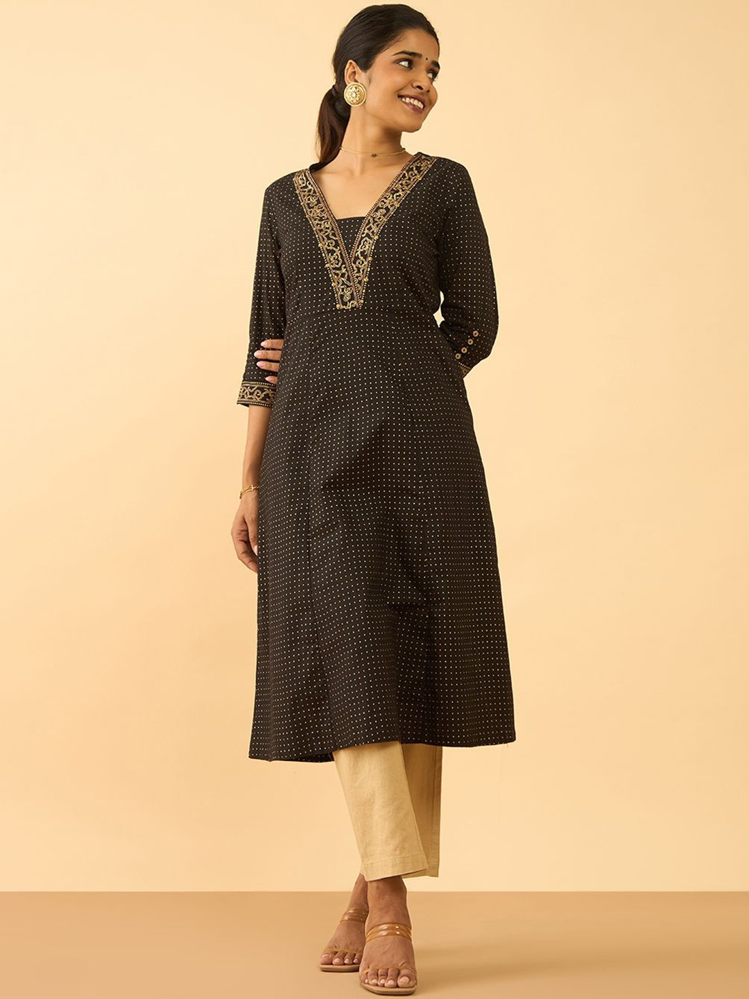 Taneira Polka Dot Printed Pure Cotton A Line Kurta