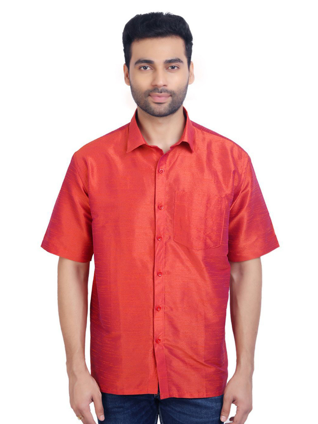 Ethazh Men Spread Collar Solid Silk Casual Shirt