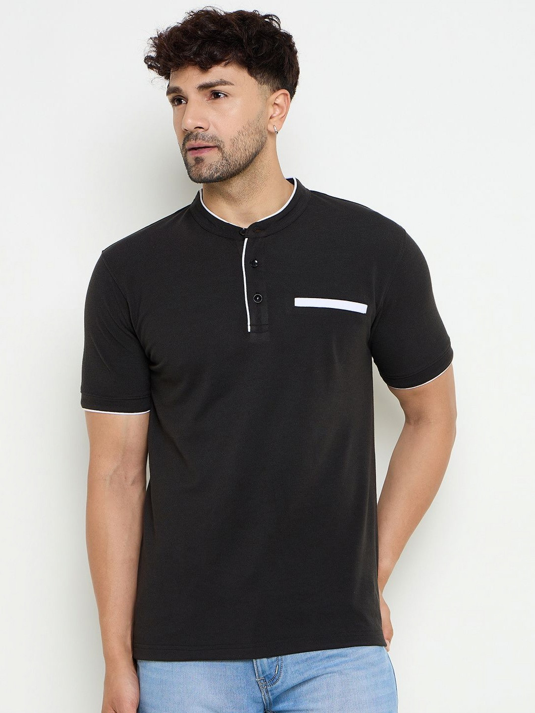 Zigo Men Solid Mandarin Collar Cotton T-shirt