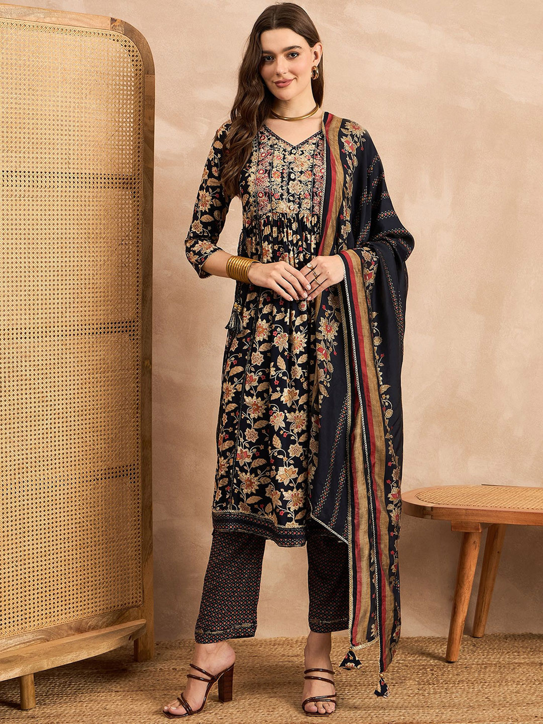 all about you Black Floral Printed Pleated Chanderi Silk A-Line Kurta Set