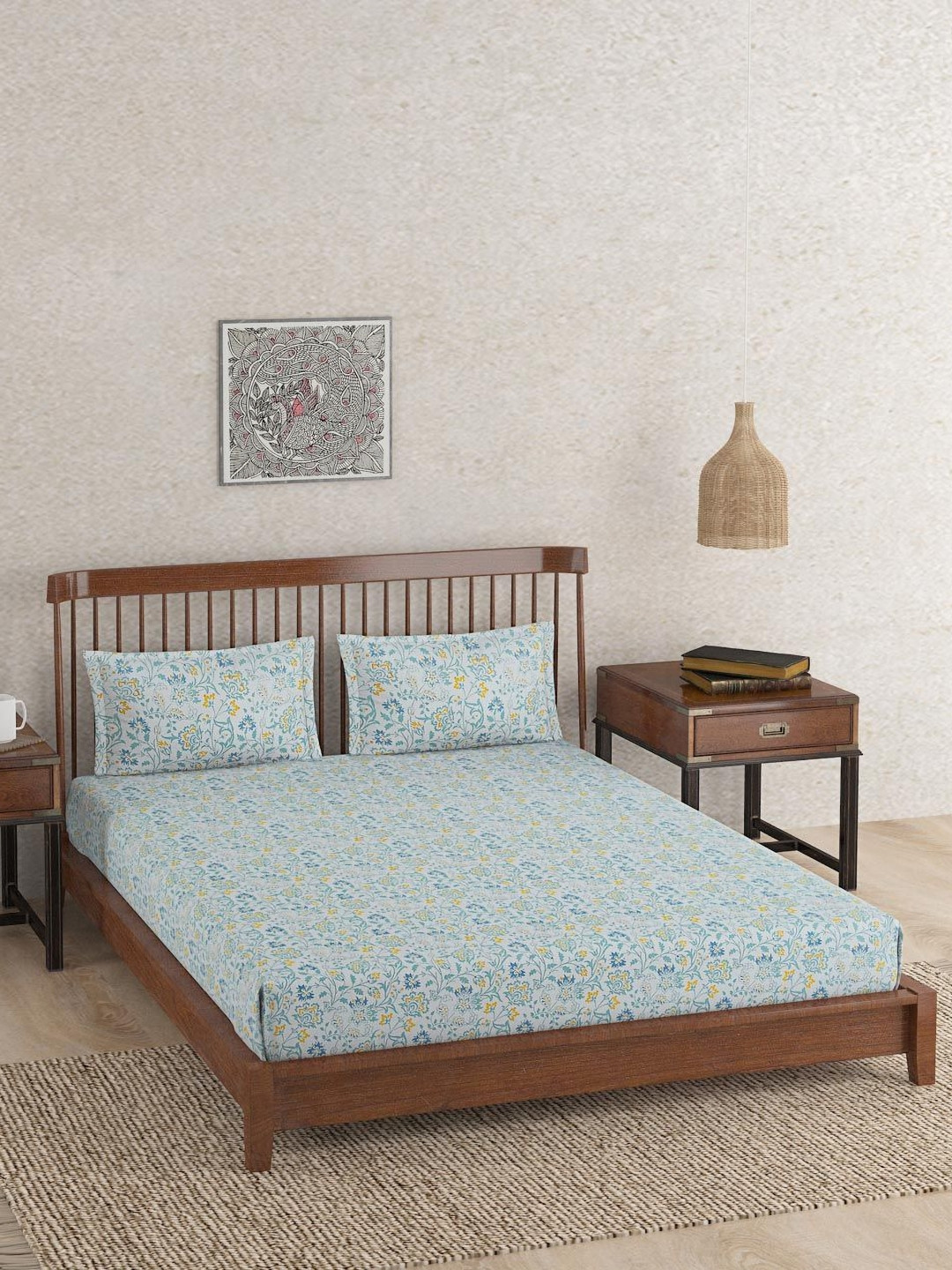 Fabindia Teal Floral Cotton 140 TC Single Bedsheet with a Pillow Cover-59 x 98 inches