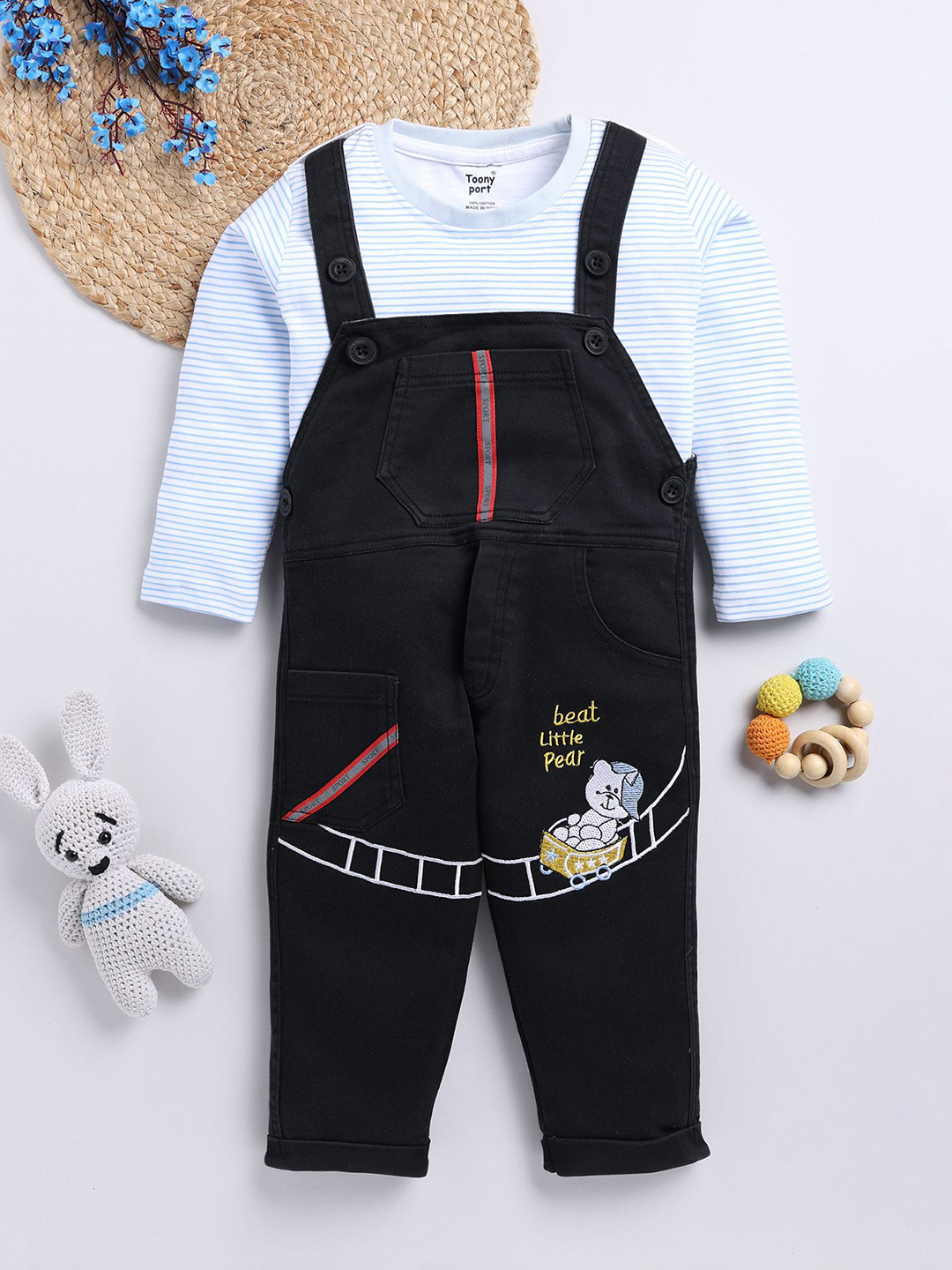 Toonyport Infants Kids Cotton Self DesignPrinted Dungaree With T-Shirt