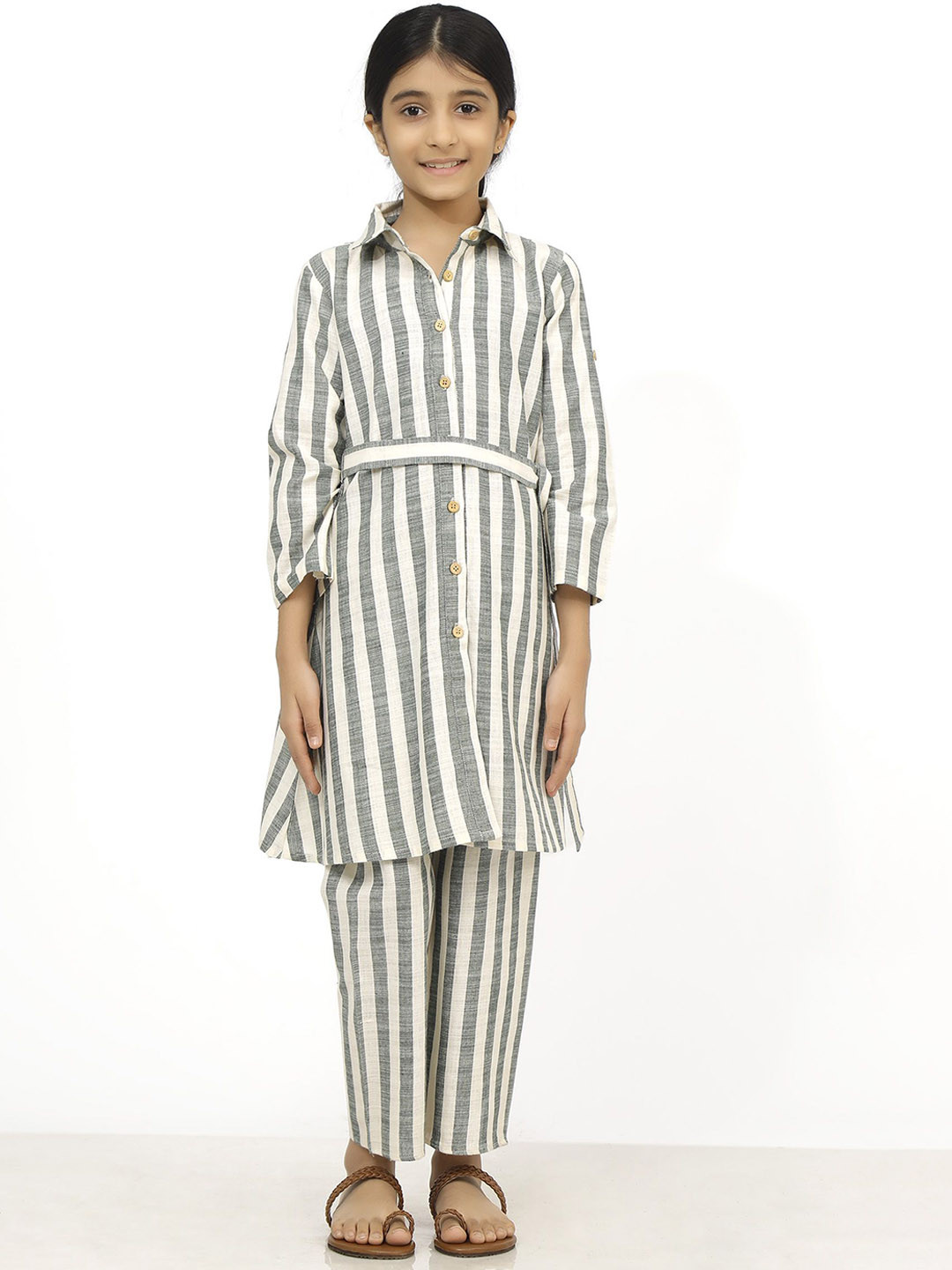 TJORI Girls Striped Printed Pure Cotton Shirt Styled Kurta With Trousers