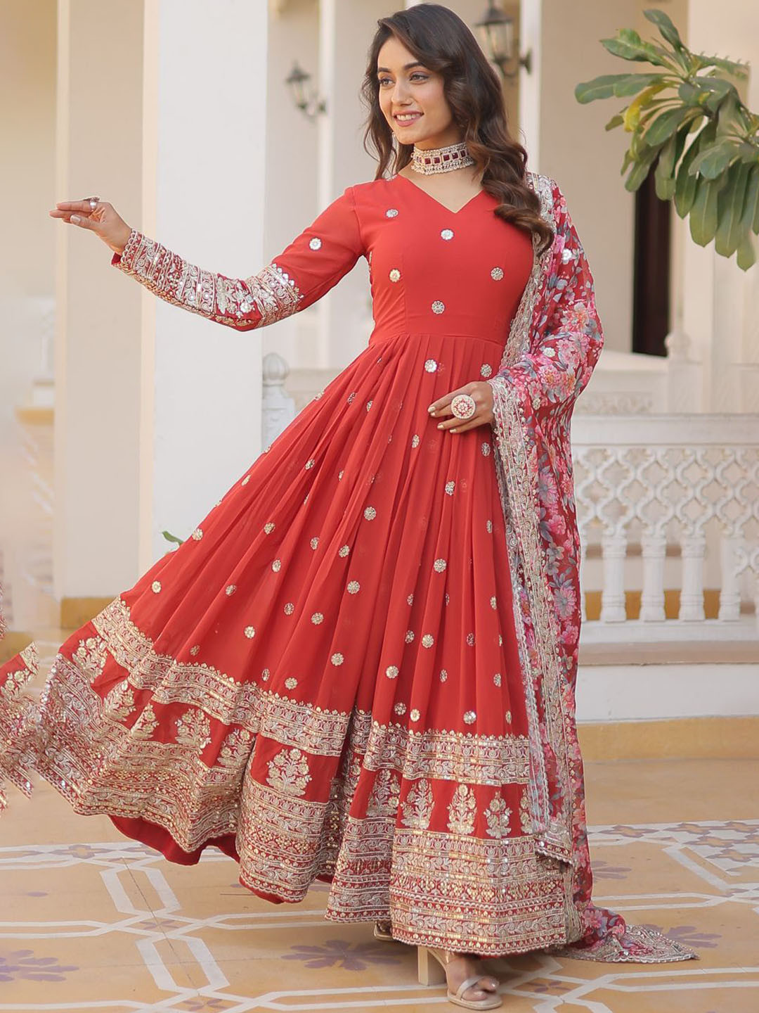 KALINI Floral Embroidered Sequinned Georgette Maxi Ethnic Dresses With Dupatta