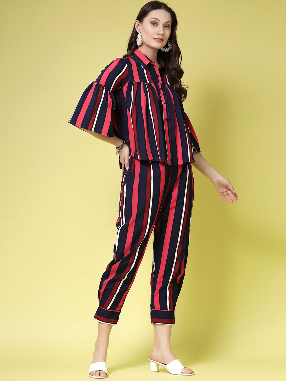 BEING NAUGHTY Striped Shirt Collar Three-Quarter Sleeves Shirt With Trouser
