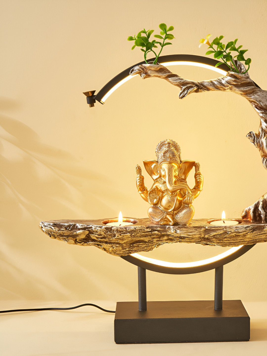 Home Centre Ganesha with T-Light and incense Holders Gold Polyresin Glossy Prayer Room Lights Large Showpiece - 15.7 Inches