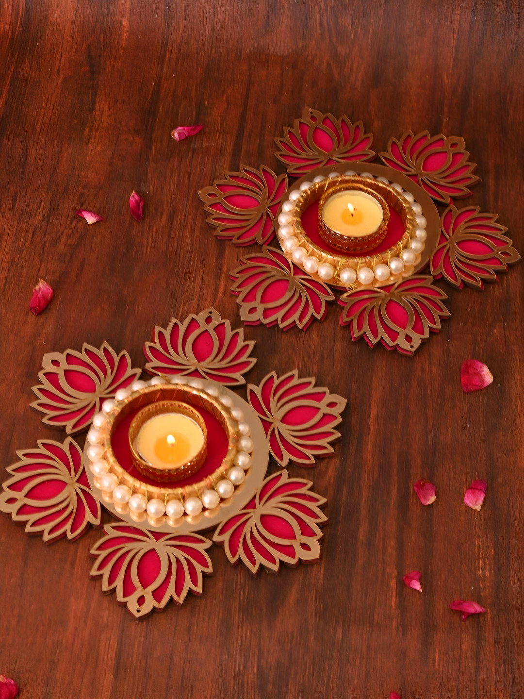 Aapno Rajasthan Pink 2 Pieces Metal Lotus Tea Light Artistry Pooja Essentials